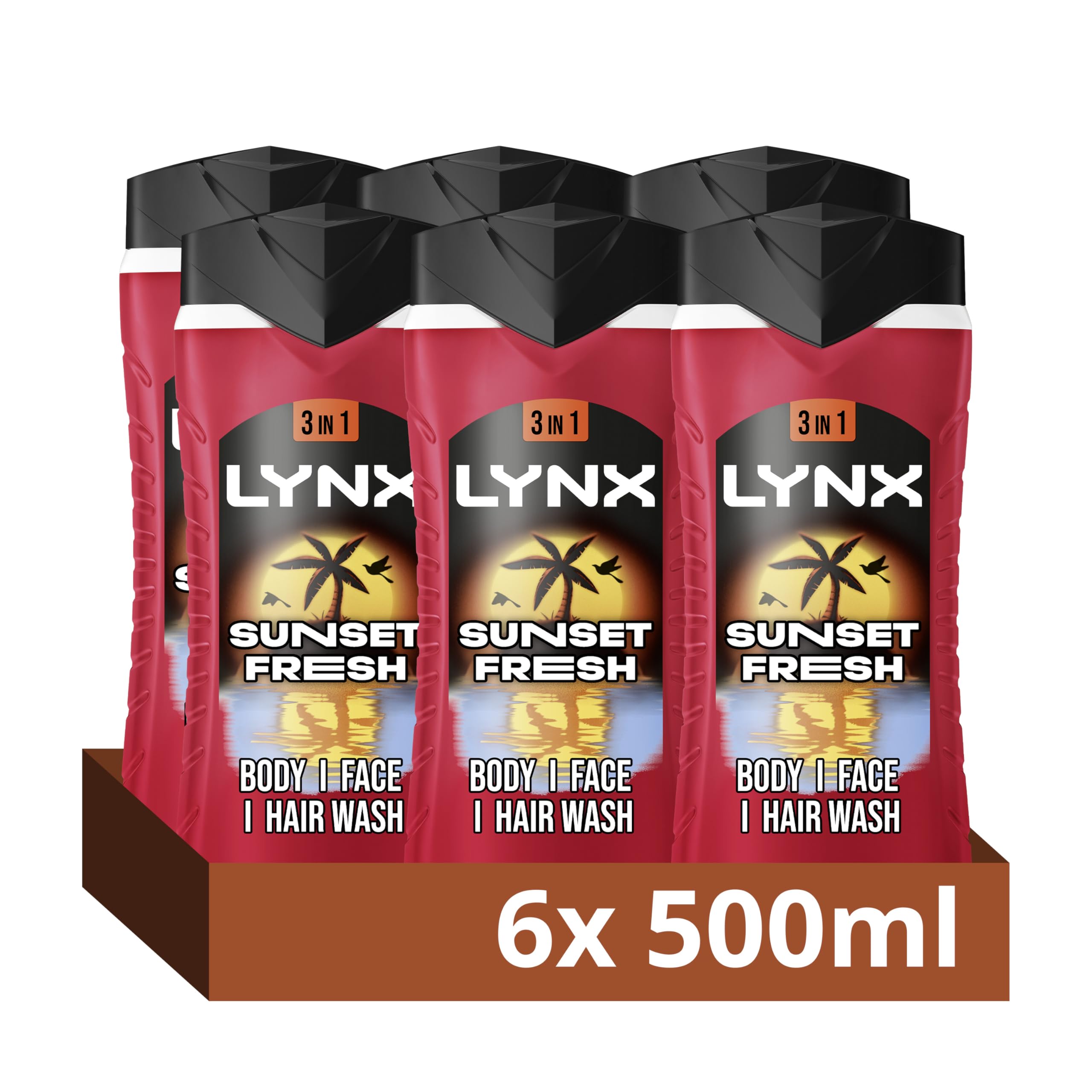 Lynx Sunset Fresh 3-in-1 Body Wash Men's Hair, Face and Body Cleanser with a mango & mandarin scent for all-day freshness 6x 500 ml