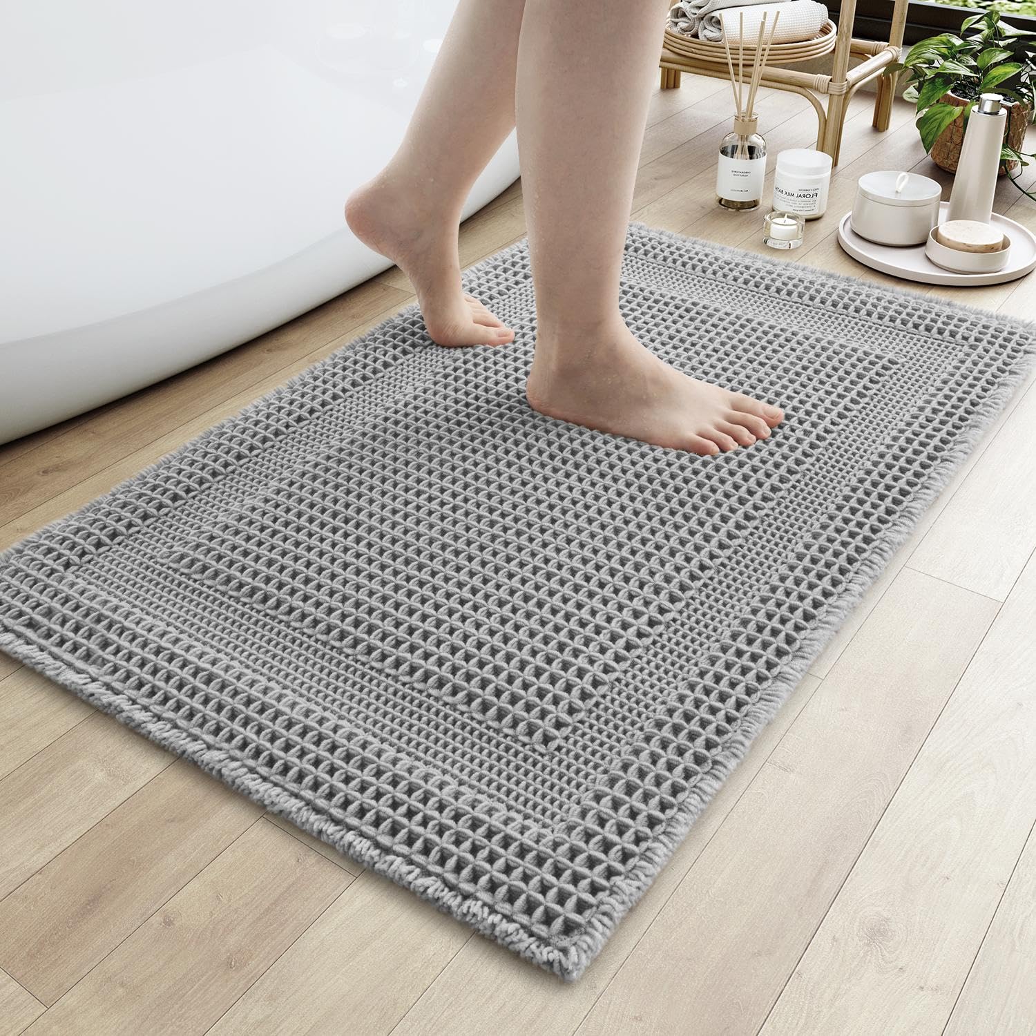 PADOOR Waffle Bath Mat, Super Absorbent Bath Mats for Bathroom Non Slip Washable Bathroom Rug Ultra Soft Boho Bathroom Mat with Tassels, 17''x24'', Grey