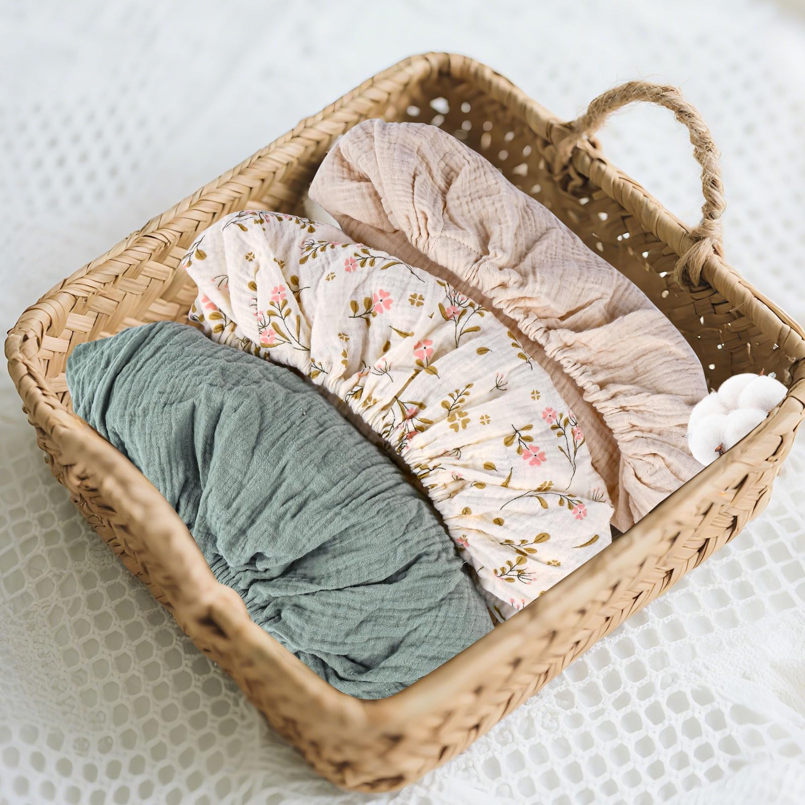 3 Stück Baby-Bettlaken, 83 × 43 cm, Universelle Spannbettlaken für Kinderwagen, 100% Musselin-Baumwolle, Baby Spannbettlaken, Reisebett Spannlaken Beistellbett Leintücher (Rosa Blume)