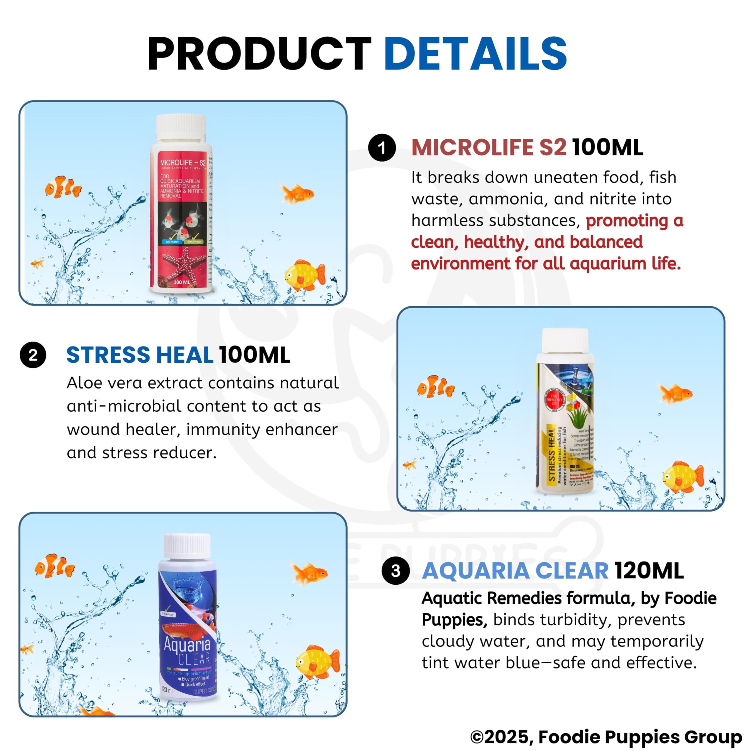 Foodie Puppies Aquatic Remedies Aquarium Fish Tank Must Have Starter Combo (Stress Heal + Aquaria Clear + Micro Life S2) 3 * 100 ML - 3 Pcs Combo (Micro Life, Stres Heal & Aquaria Clear 100 Ml Each) 1