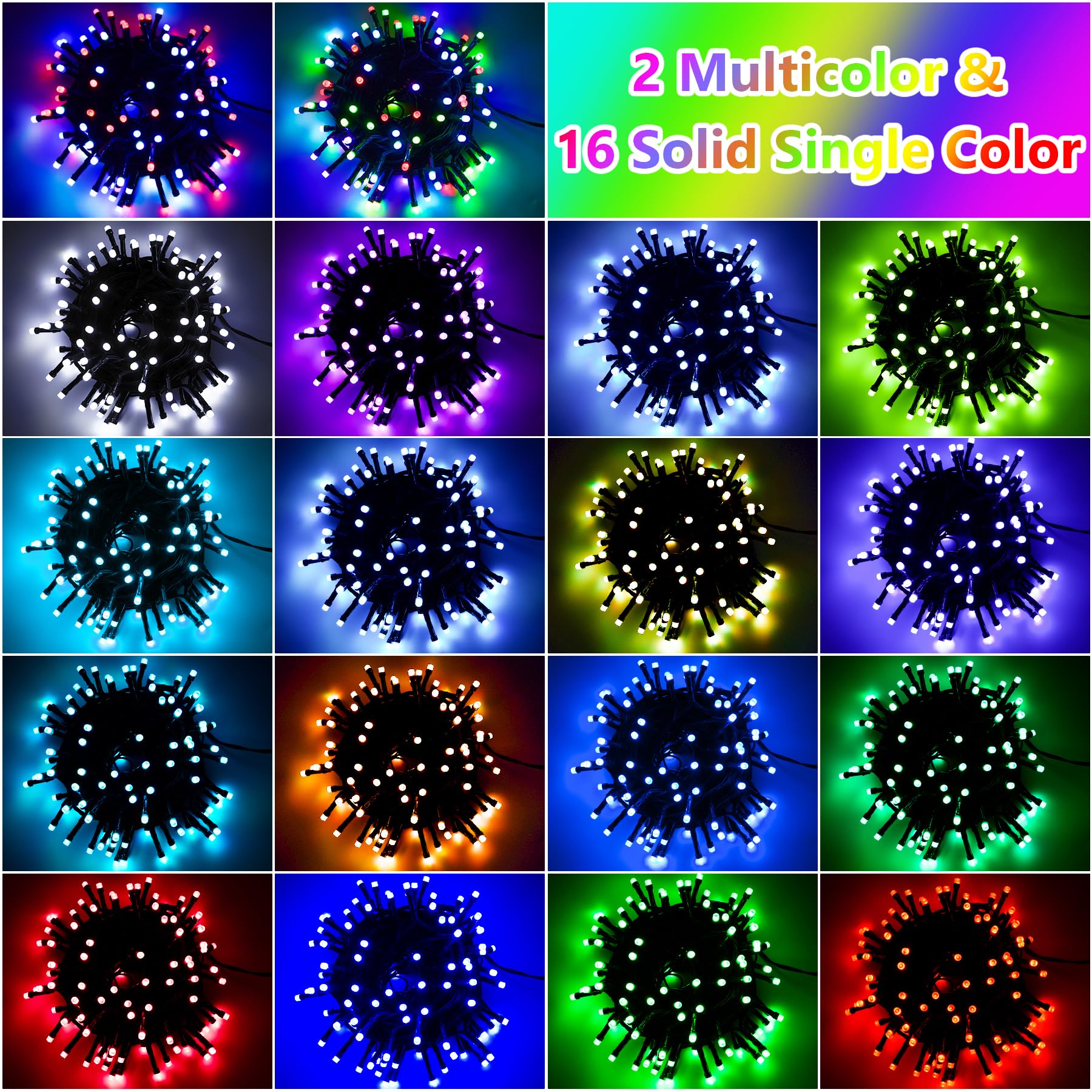 Solar-Lichterkette für den Außenbereich, wasserdicht, 12 m, 18 Farben wechselnd, 100 LEDs, solarbetrieben und USB mit Fernbedienung, RGB-Lichterkette für den Außenbereich, Baumzaun, Party