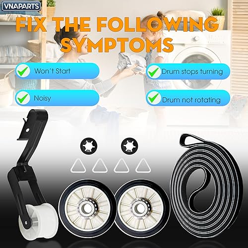 Miniatura 8 de Kit de reparación de la secadora Rodillos de tambor 14210017 Correa 341241 Polea tensora 14210023 Reemplazo para Amana NED4655EW1 NED4600YQ1