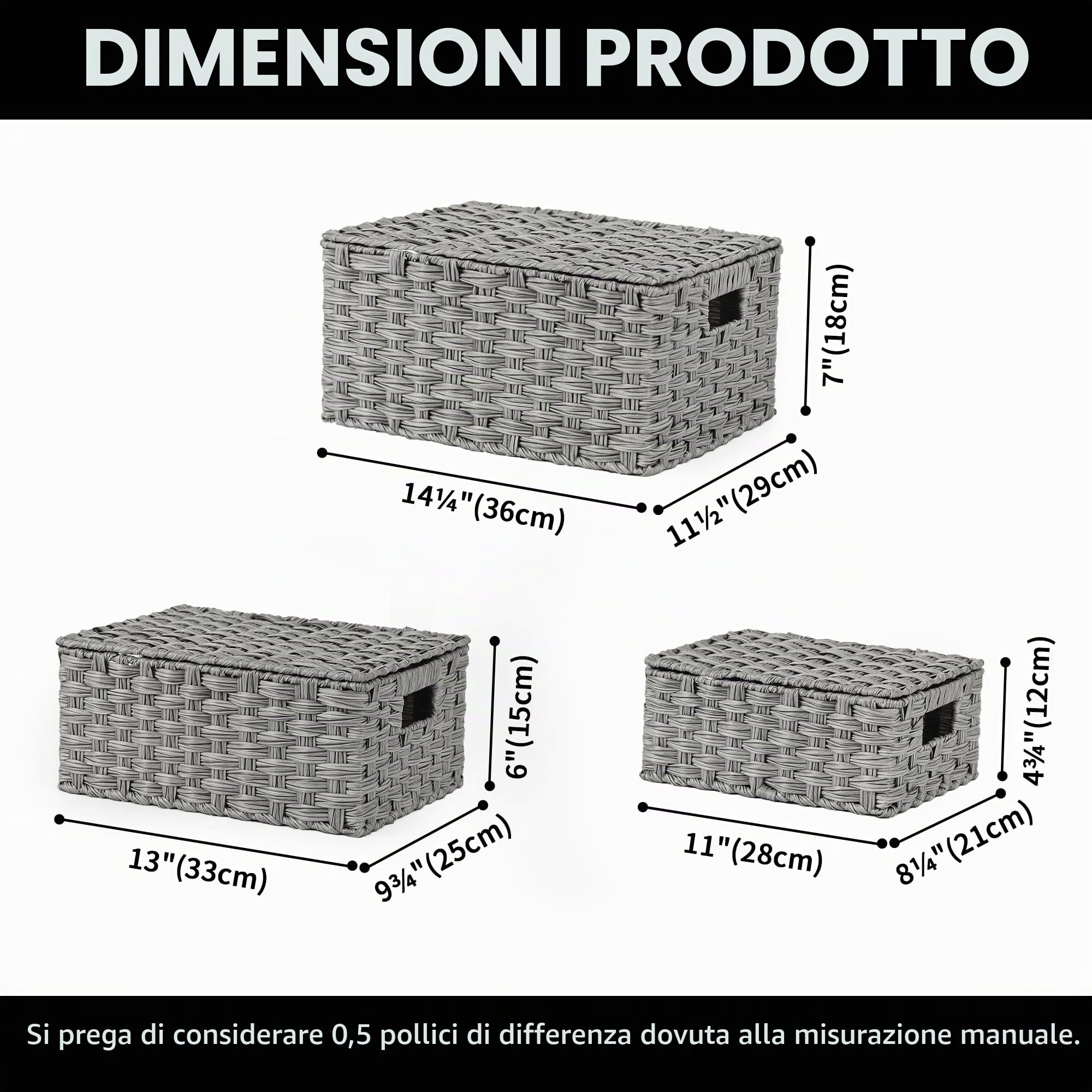 GRANNY SAYS Cestini portaoggetti con coperchio, set da 3 cestini vimini decorativi, robusti cesti con manici, cestino intrecciato per organizzare, cestino con coperchio per bagno, soggiorno, Grigio