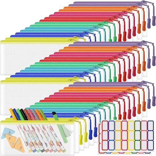 Paquete de 48 bolsas de malla con cremallera, pequeña, bolsa transparente para lápices, almacenamiento de viaje