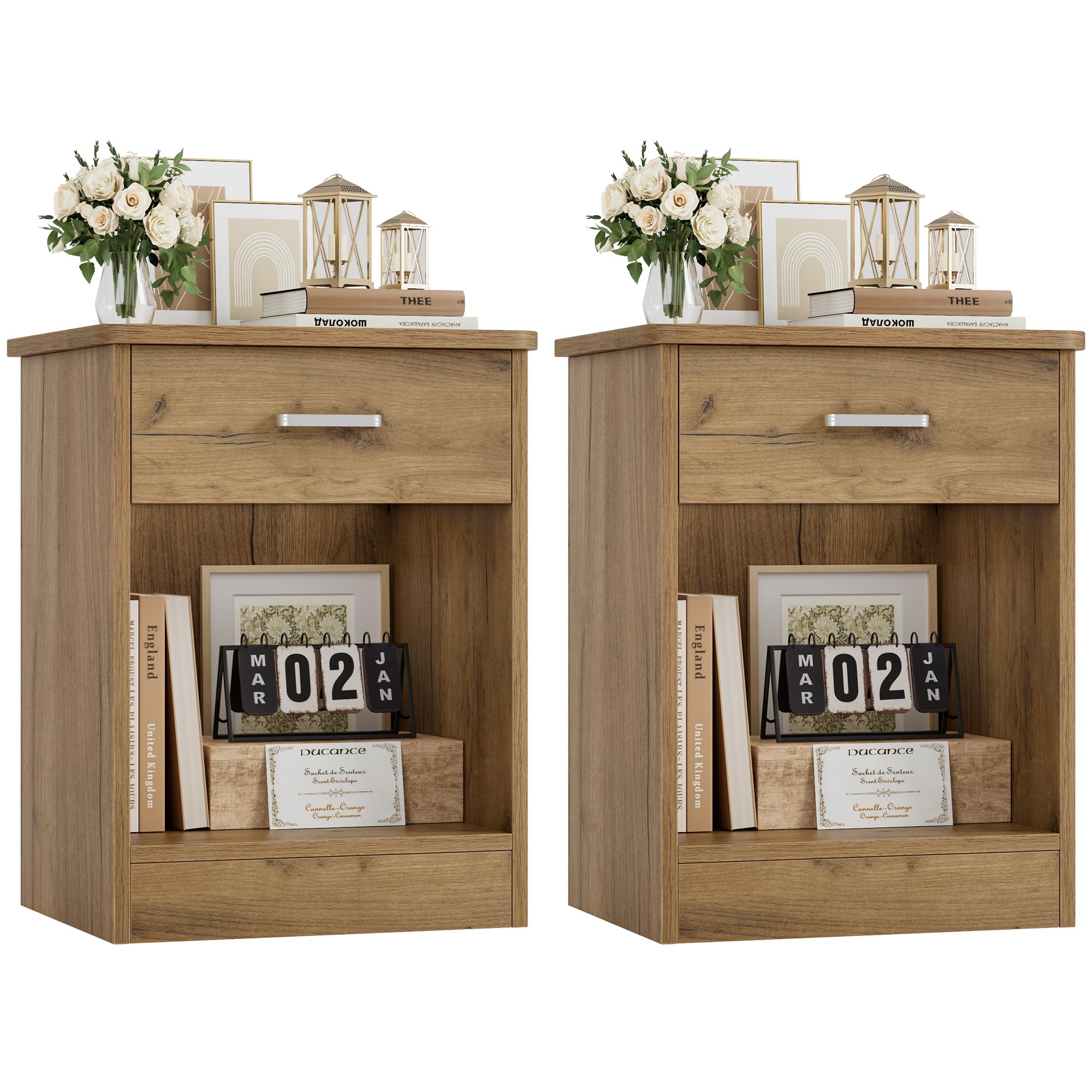 FOTOSOK Nightstand Set of 2, Wood Night Stand Side Table with Drawer and Storage Shelf, Bedside Table End Table, Night Stand for Bedroom, Home Office,