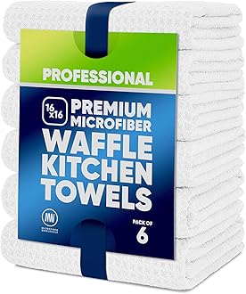 Kitchen Towels - Microfiber Waffle Weave Towels | White | 16 x 16 in. (6 Pack) | Absorbent, No Lint, Thick, Reusable, Commercial, Soft, Hand, Tea, Glass, Bar, Sublimation Blank, Polyester Cloths