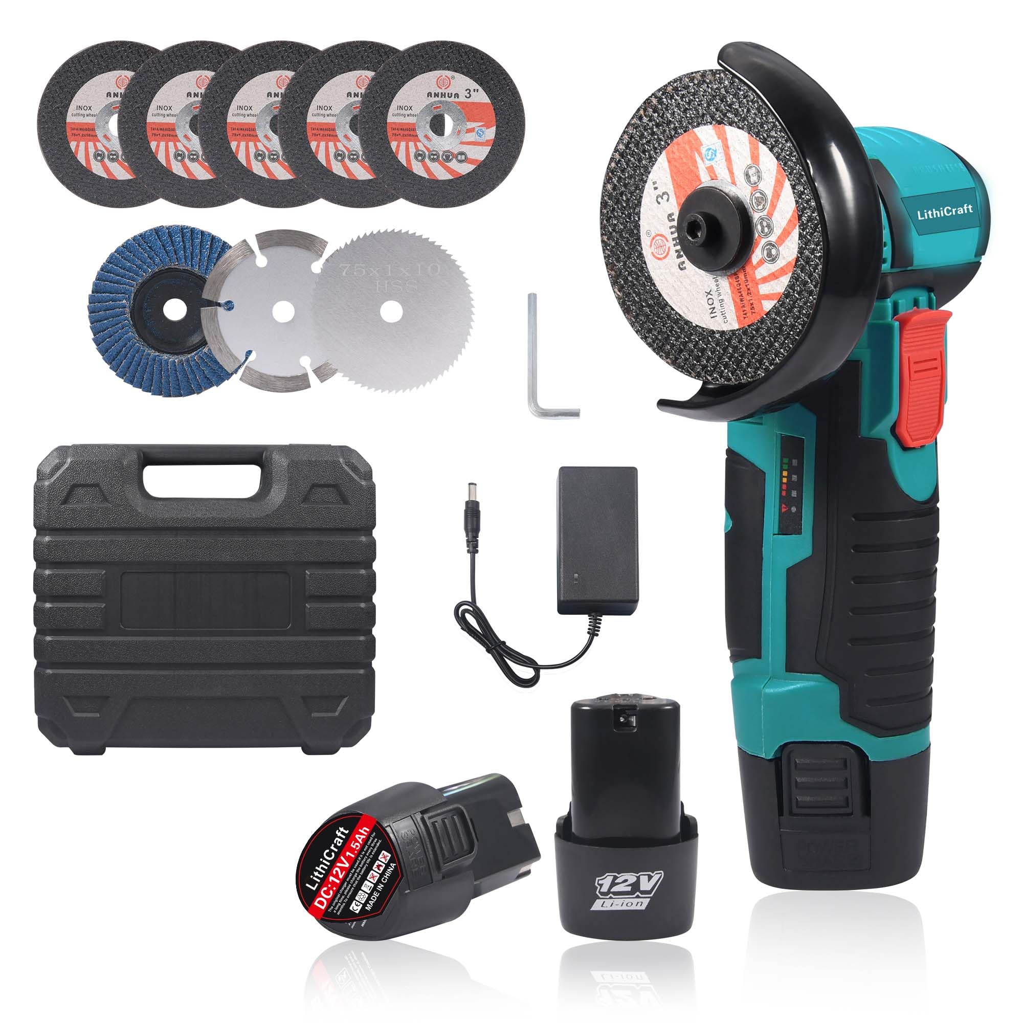 Mini Cordless Angle Grinder 12V, 76 mm Brushless Motor 19500 RPM, with 2 Batteries and 8 Discs, Radial Small Electric Cutter for Metal, Wood and Tiles