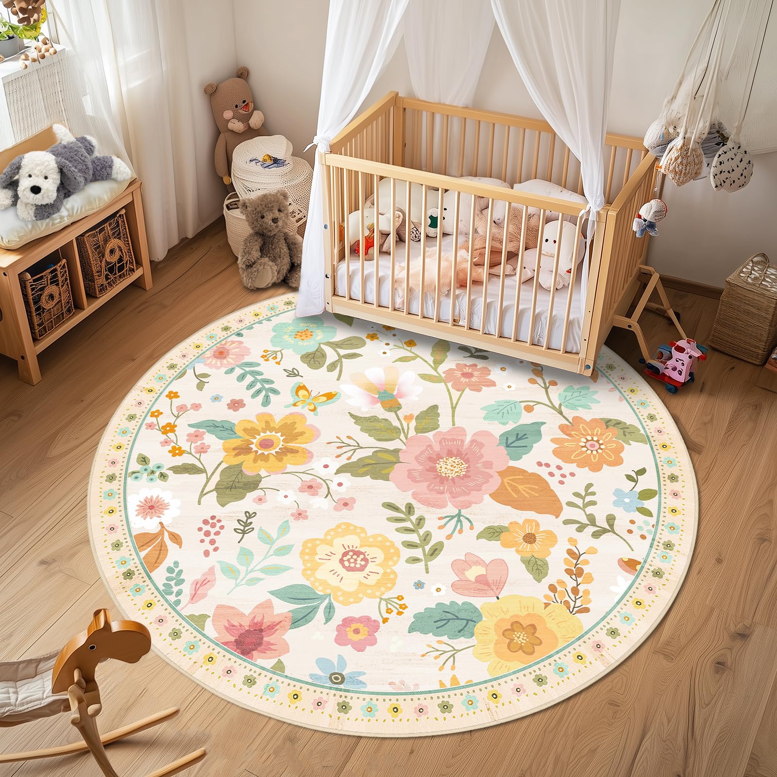 RELEANY Floral Nursery 6ft Area Rugs Machine Washable Soft Print Boho Carpet Non Slip Flower Doormat Low Pile for Living Room Kids Girls Room Bedroom