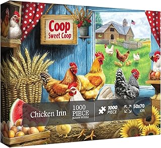 Chicken Farm Puzzle for Adults 1000 Pieces, Animal Flower Jigsaw Puzzle, Sunflower Thanksgiving Nature Rooster Barn Country Puzzle