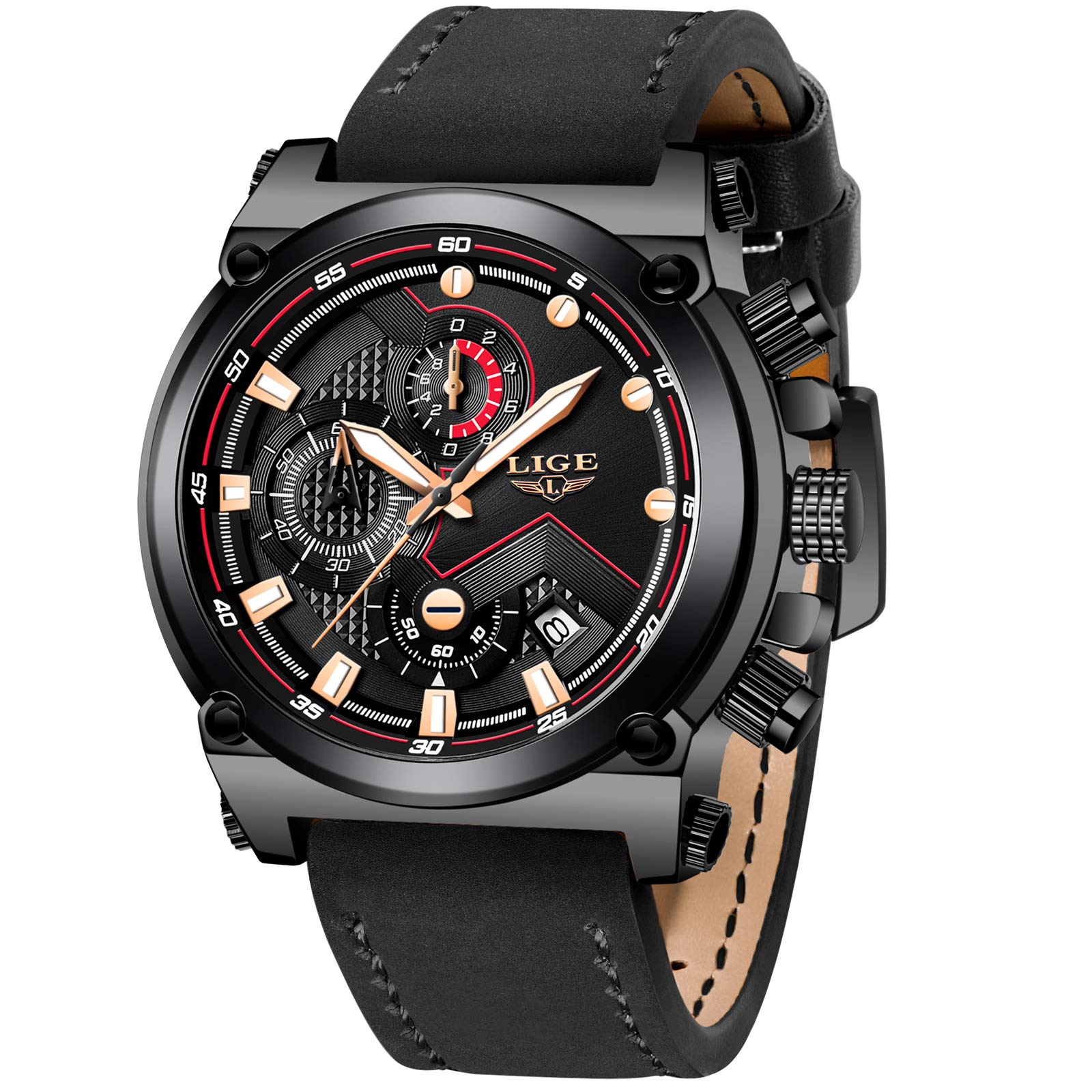 LIGEMen's Watch Classic Black Large Dial Quartz Watch Men's Fashion Business Leather Wristwatch