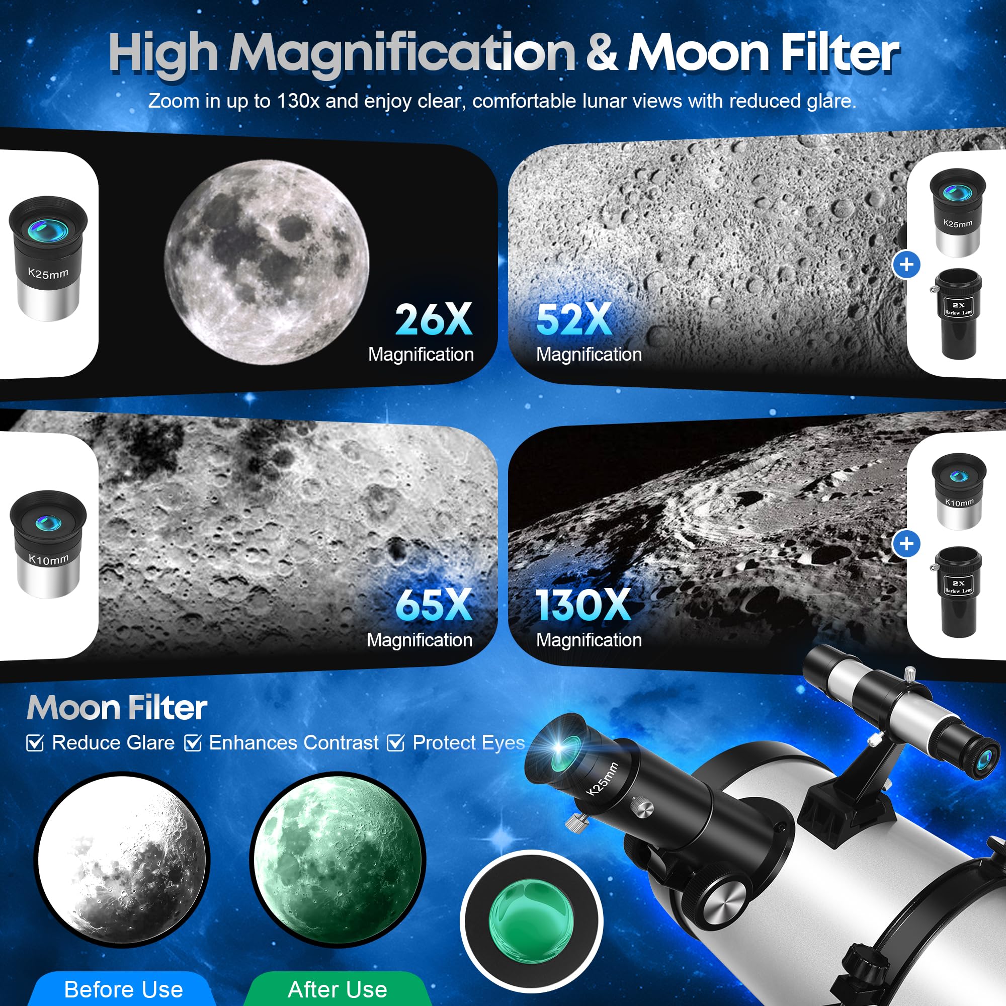 MEEZAA Telescopio Astronómico Adultos, 150EQ Newtoniano Reflector Telescopio Profesional Portátil Principiantes con Montura Ecuatorial, Trípode, Adaptador Teléfono, Filtro Lunar y Bolsa de Transporte