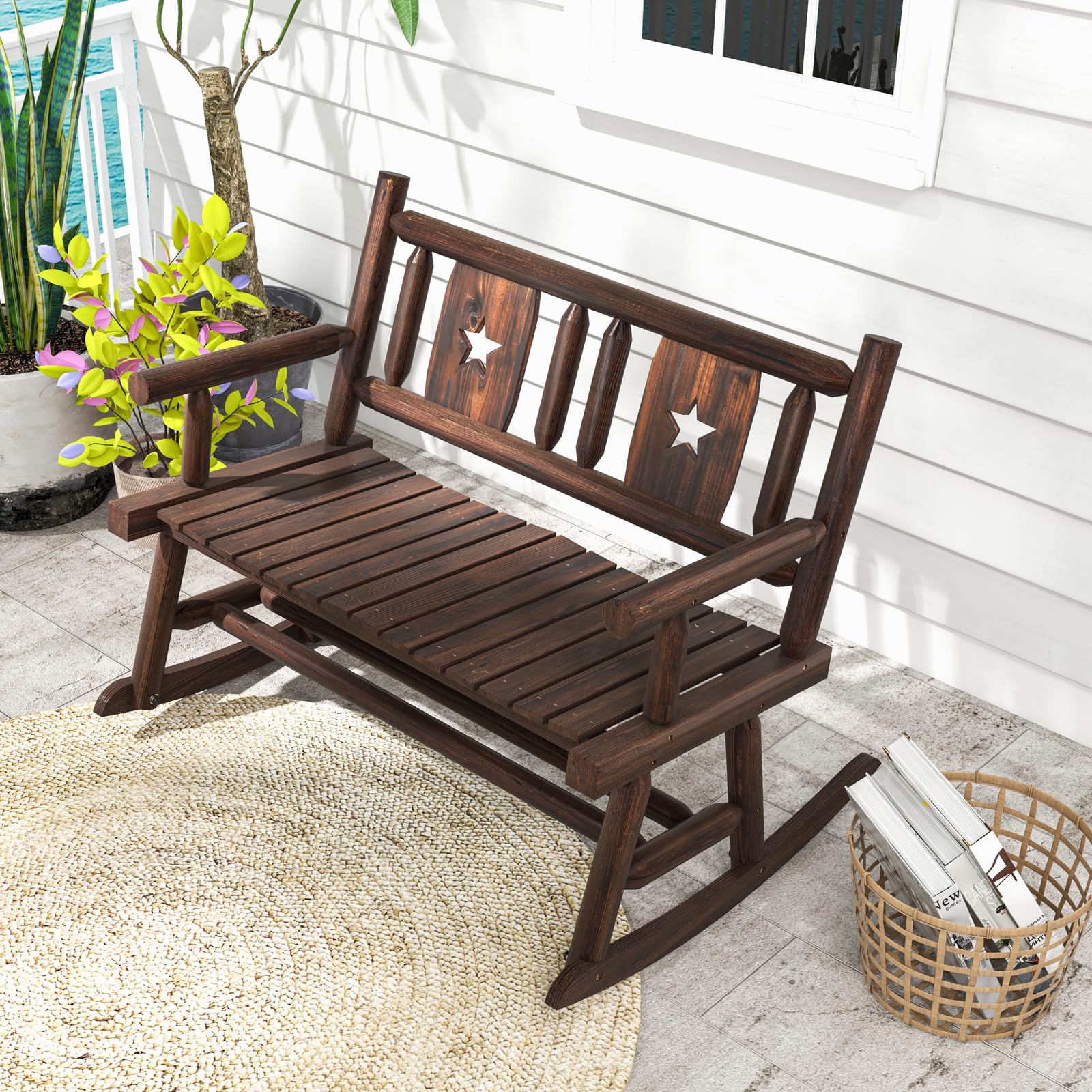 GOPLUS Banco Mecedora Exterior para 2 Personas, Mecedora Doble de Madera Carbonizada con Asiento Curvado, Balanceo de Porche para Jardín, Trasero y Carga 320 kg, Marrón rústico
