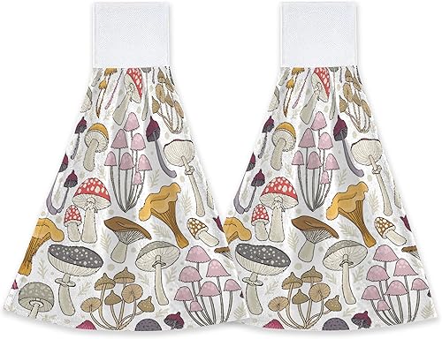 Toalla de mano retro de hongos con lazo, 2 toallas suaves para colgar, toallas absorbentes para cocina, bar, decoración de baño