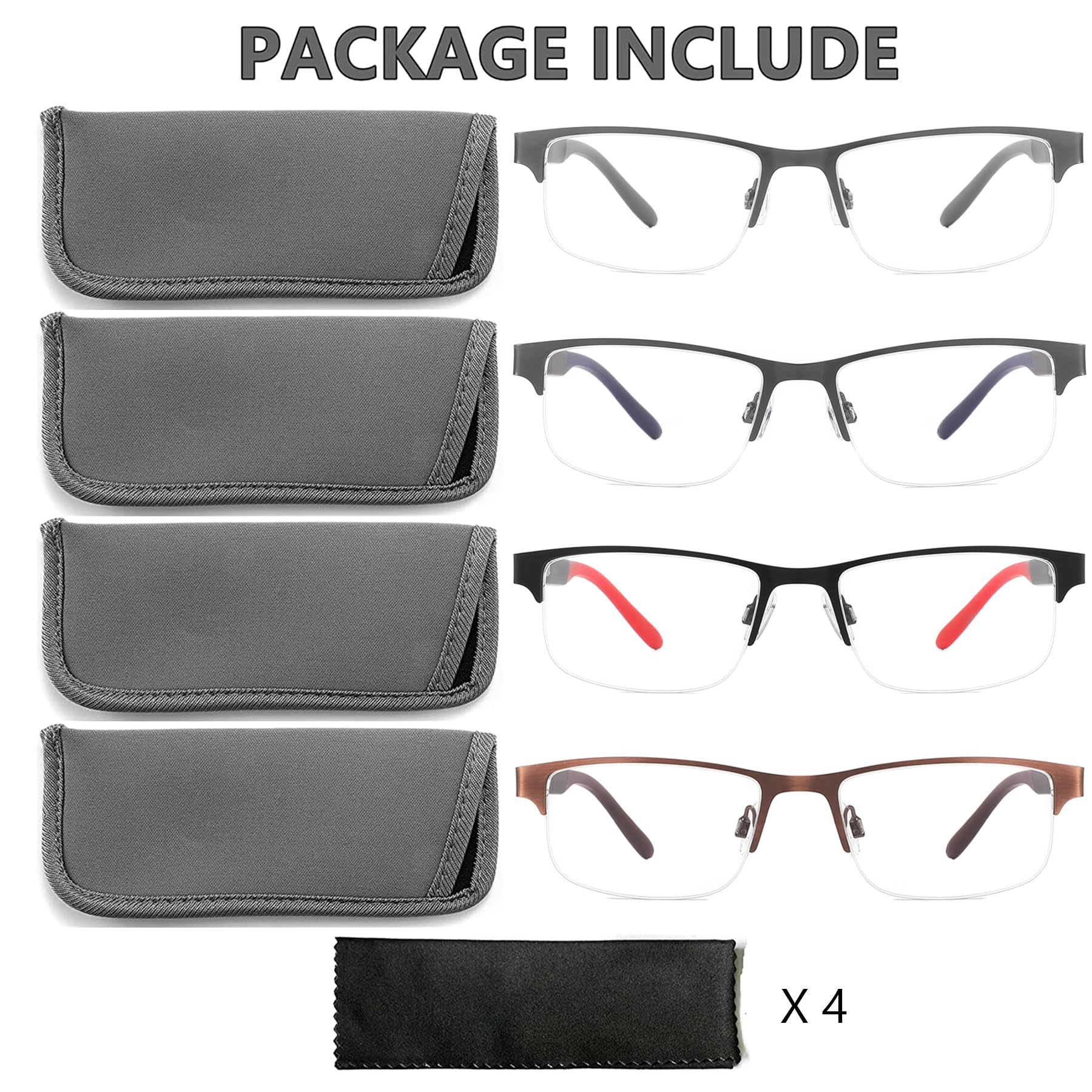 Pack de 4 Gafas de Lectura Hombre Lector Ordenador con Bloqueo de Luz Azul Rojo Café Gris 1.25X US