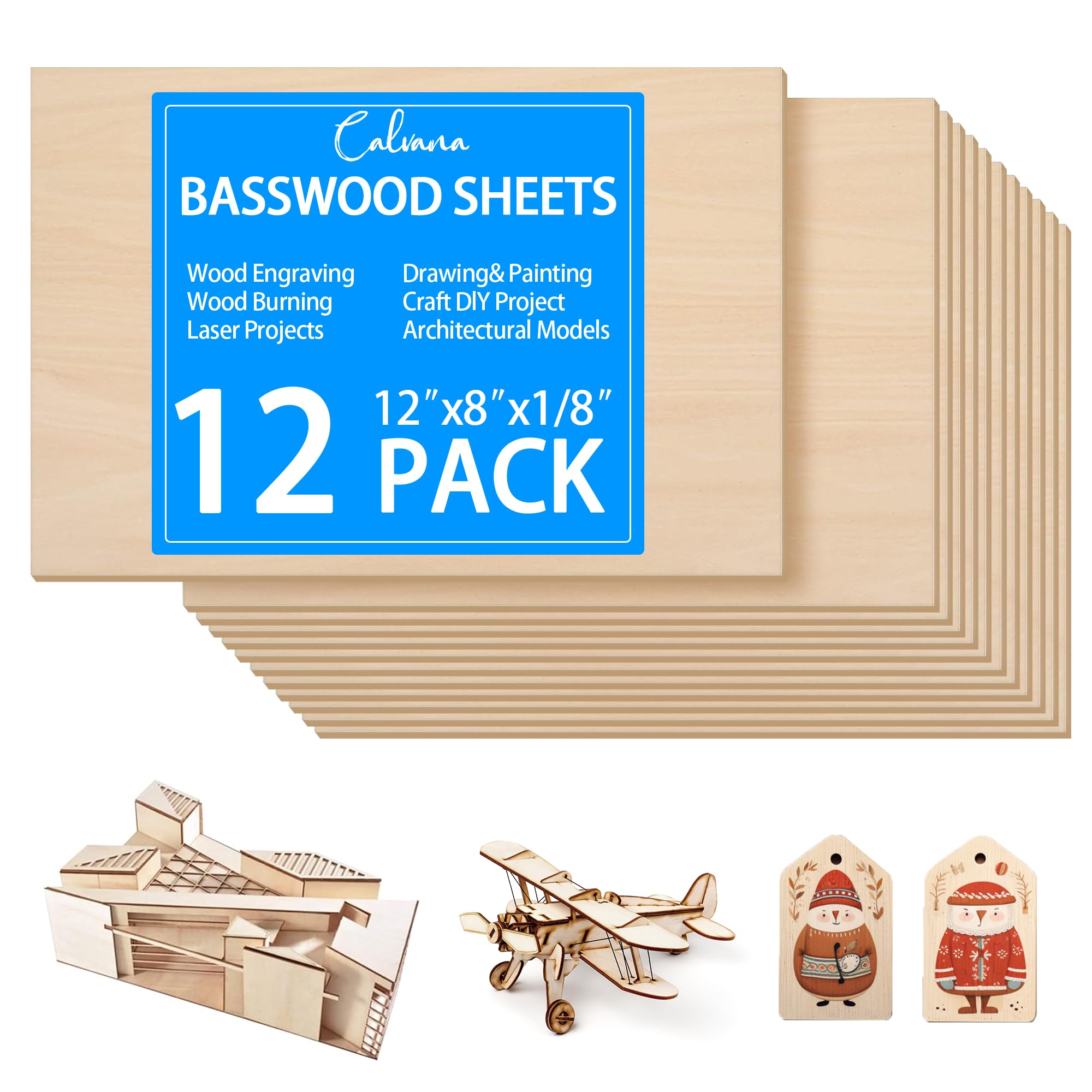12 Pack Balsa Sheets 12"x8"x1/8"，Wooden Laser Engraving Blanks, Thin Unfinished Wood Planks, for Crafting Supplies,Laser Cutter Materials, Wood Burning, DIY Crafts for Adults & Children