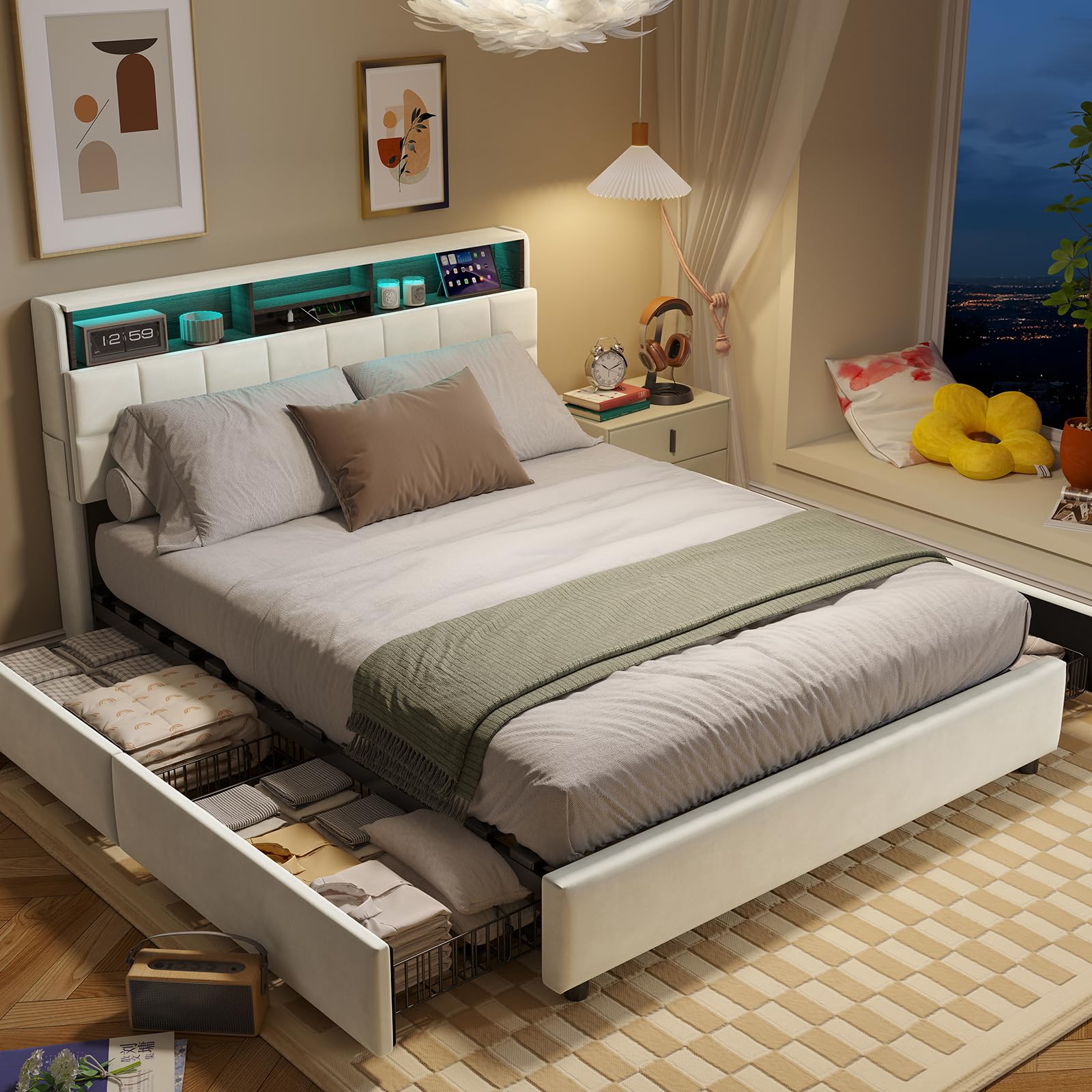 Cama de Matrimonio 160x200 cm con 4 Cajones, Cama Queen Size Tapizada con Luces LED, Puerto Type-C y Cabecero Moderno, Estructura de Cama con Somier, Beige (Sin Colchón)