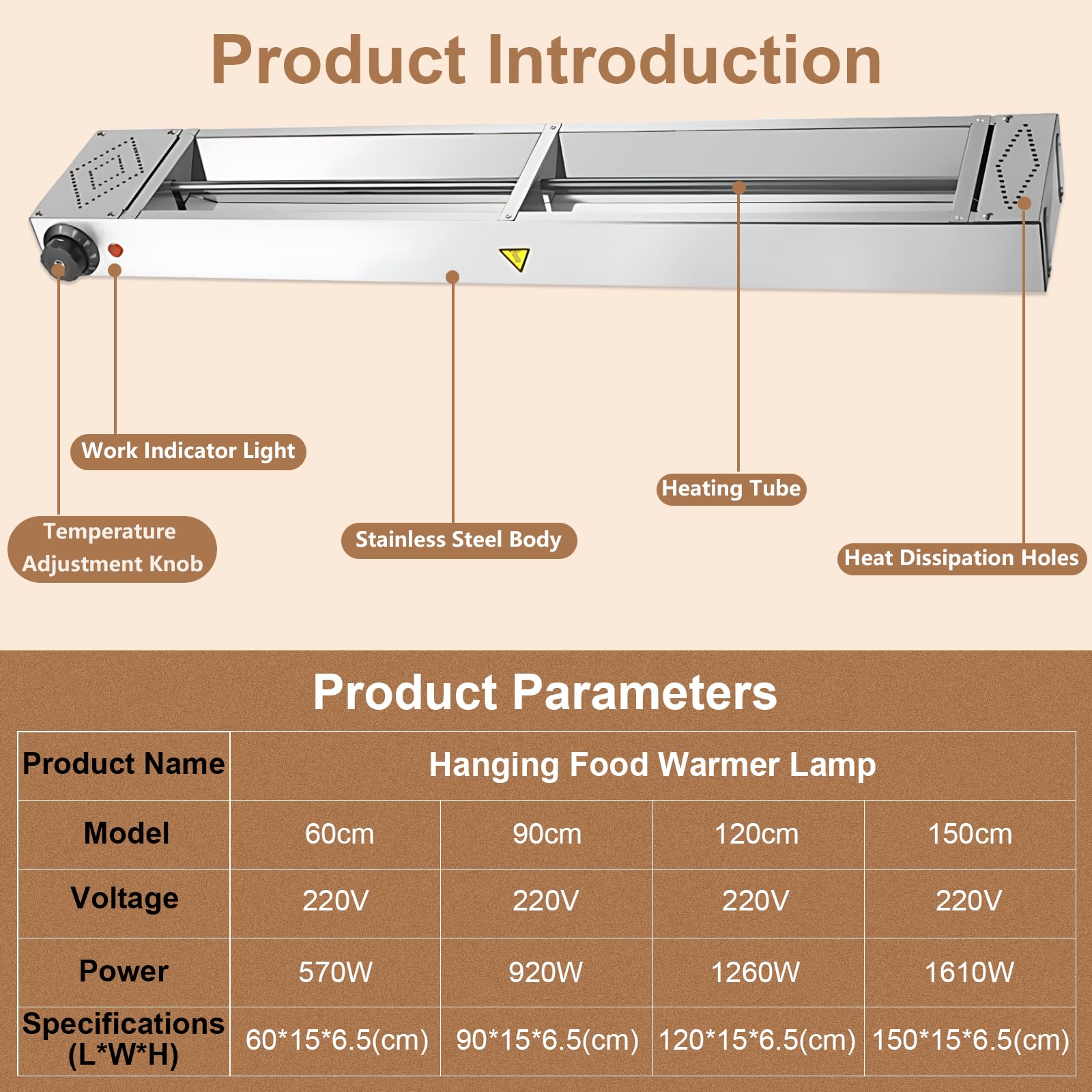 Lampe Chauffante Cuisine Professionnelle, Lampe Chauffe Plat Buffet Suspendue, Acier Inoxydable Lampe Chauffante Alimentaire Température Réglable pour Hôtels, Buffets, Cuisines(1 Pièce,60cm)