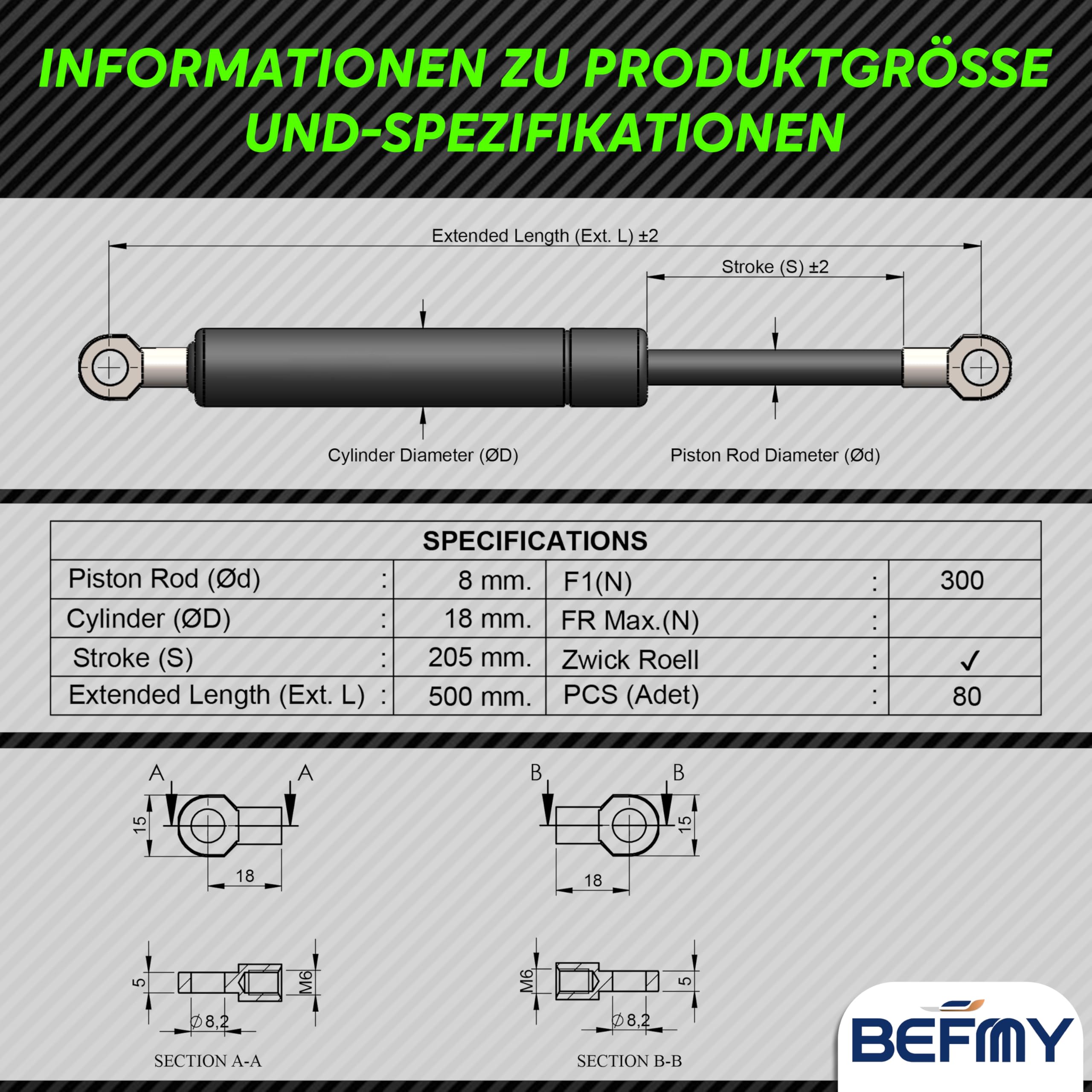 Gasdruckfeder Schwarz 250-900mm | Universal Gasdruckdämpfer 200N-900N | Robuste Konstruktion mit Ösen-Endstücken | Ideal für Möbel, Türen, Fahrzeugklappen, vielseitige Anwendungen (500MM, 300N)