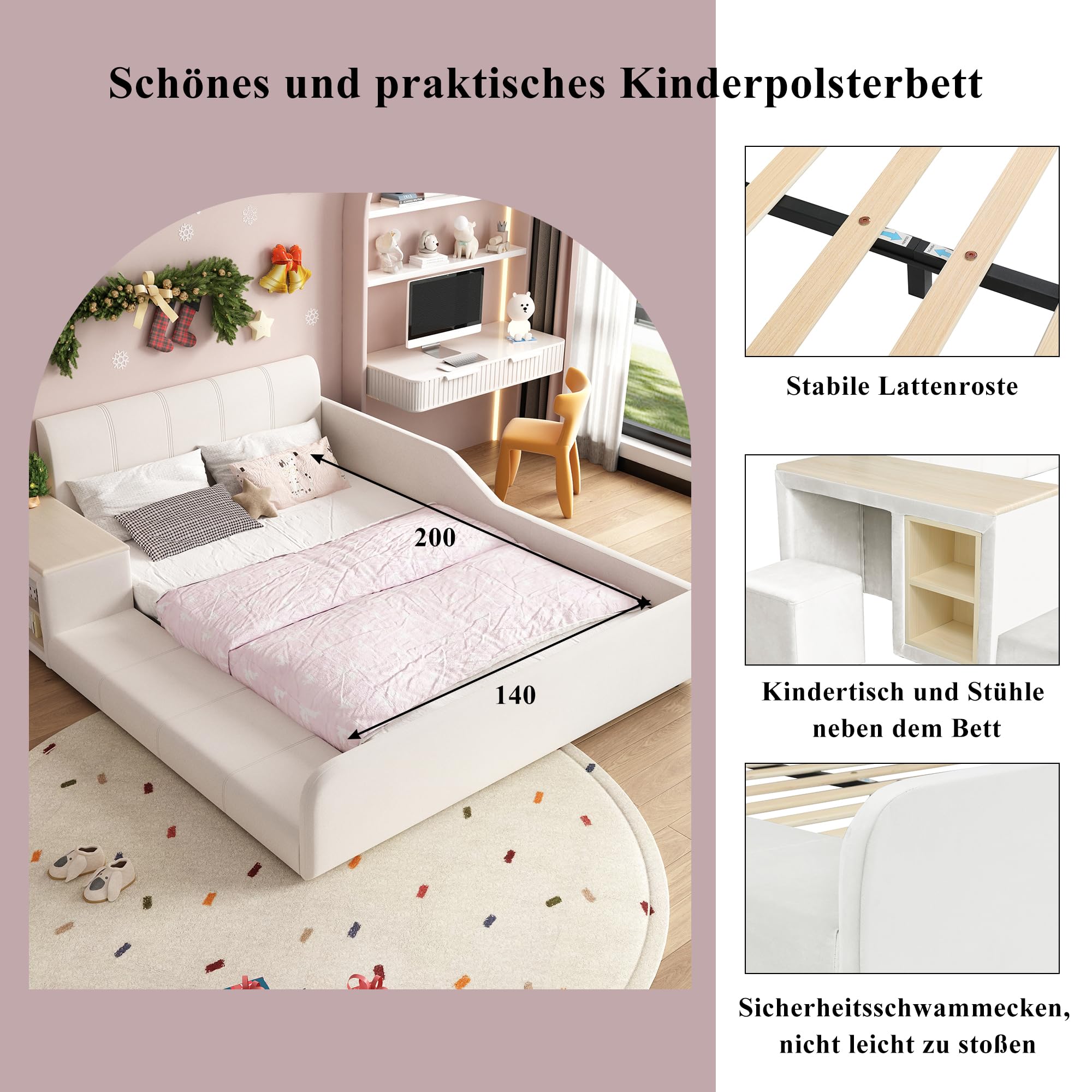 Cama tapizada con escritorio infantil y taburete, con estante, cabecero suave, cama infantil con listones de madera, terciopelo, blanco, 140 x 200 cm