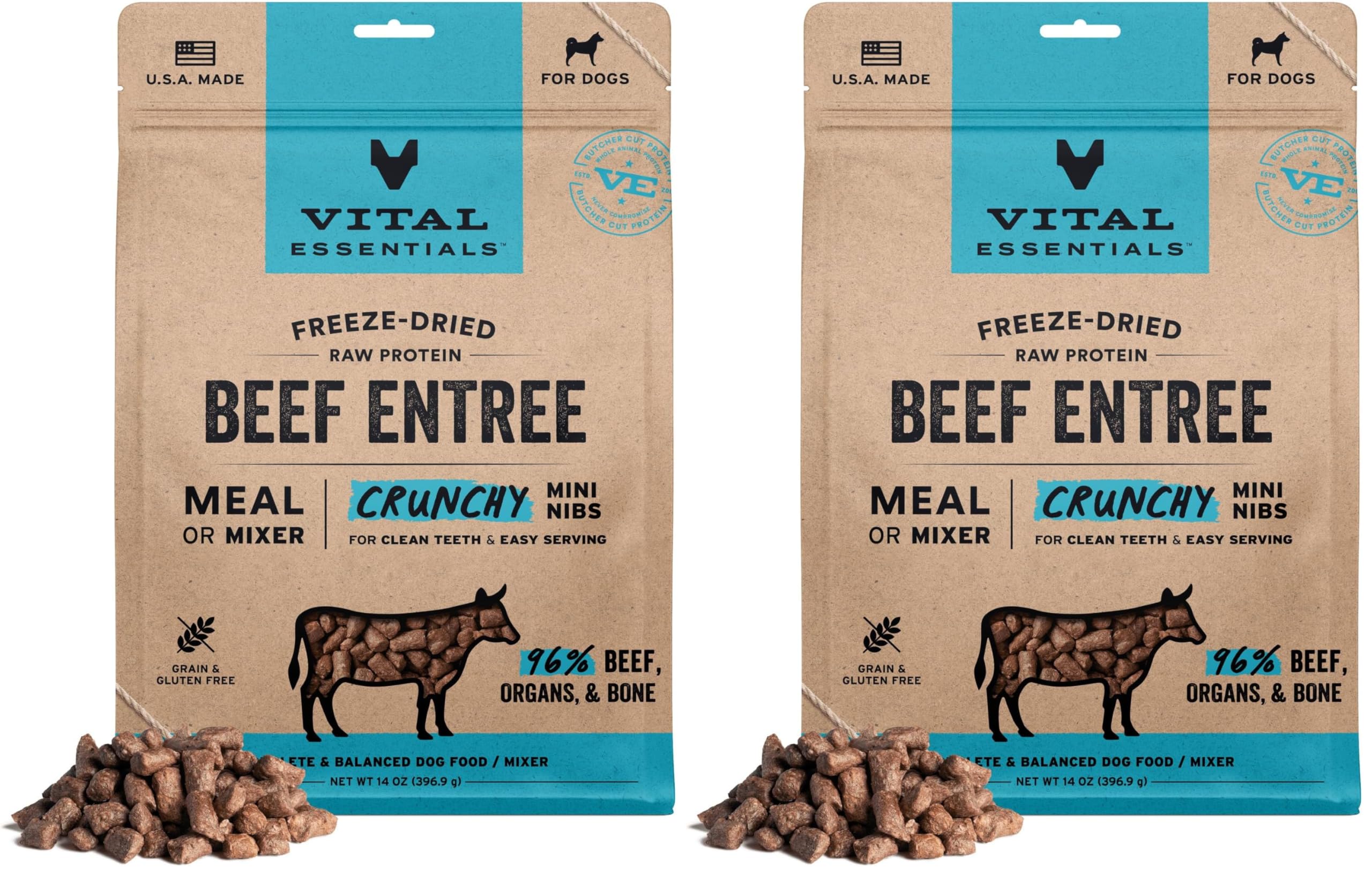 Vital Essentials Freeze Dried Dog Food,Raw Beef Crunchy Mini Nibs | Complete Meal or Topper | 96% Beef,Organs &amp; Bone-| Limited Ingredient,High Protein,Grain Free Dry Dog Food-| 14 oz Bag,(Pack of 2)