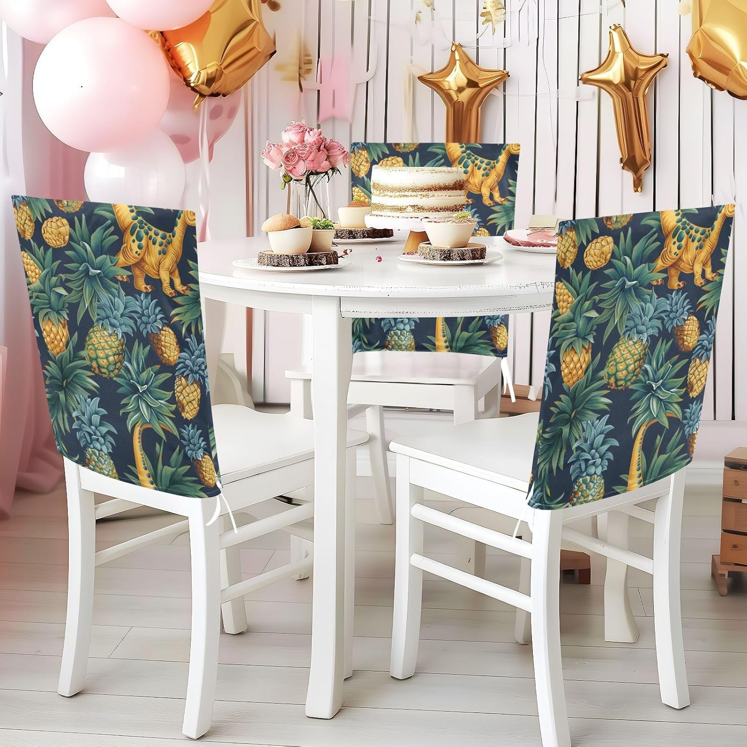 ALAZA Dinosaur and Pineapples Chair Back Cover Set of 6, Washable Reusable Removable Chair Slipcovers Decorative Chair Cover for Home Kitchen Wedding Party
