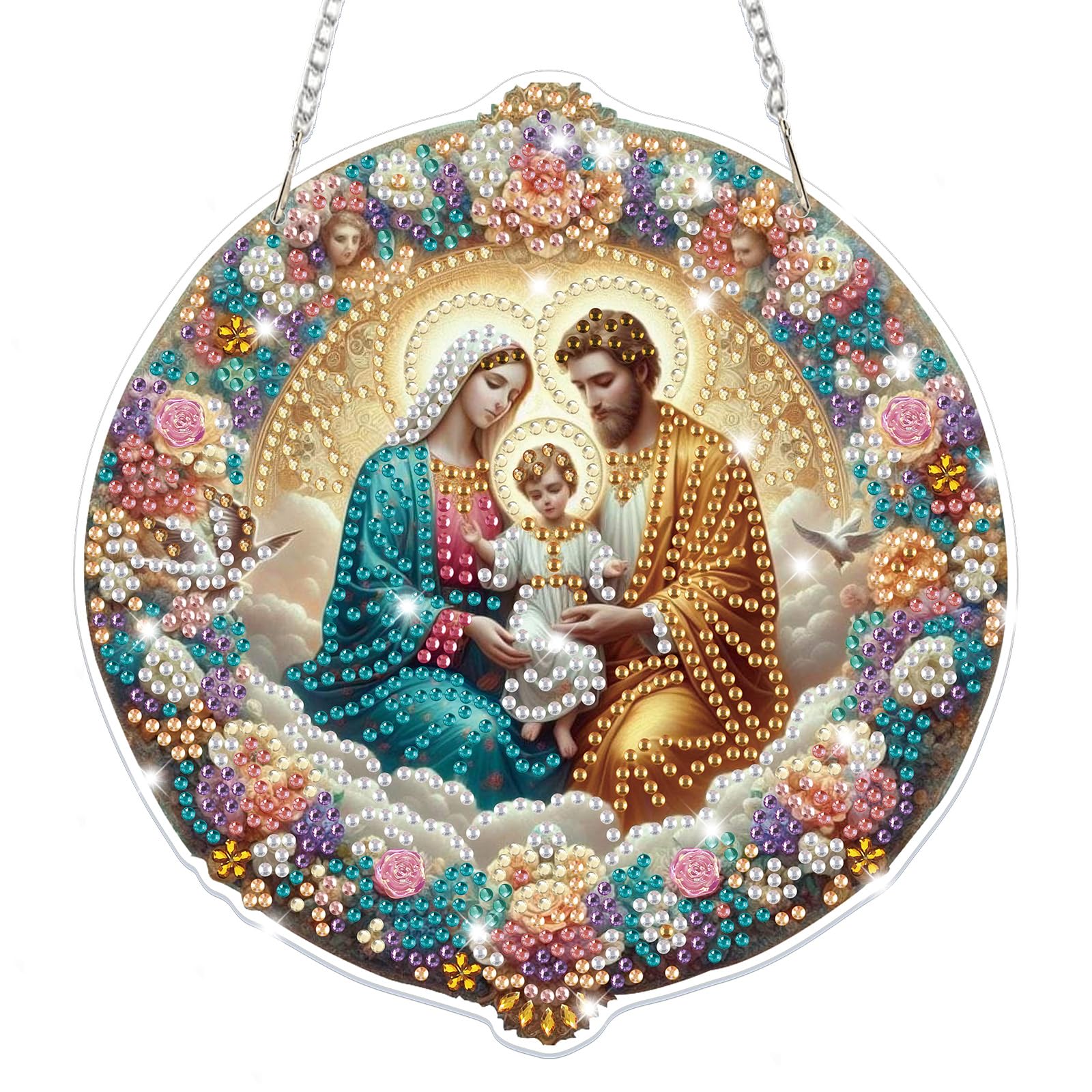 Lxmsja Jesus Diamond Art Hanging Ornaments with Chain, Special Shaped Nativity Sence Diamond Painting Pendant Kits for Adults, Crystal Gem Art Suncatchers Kits Gifts for Home Decor