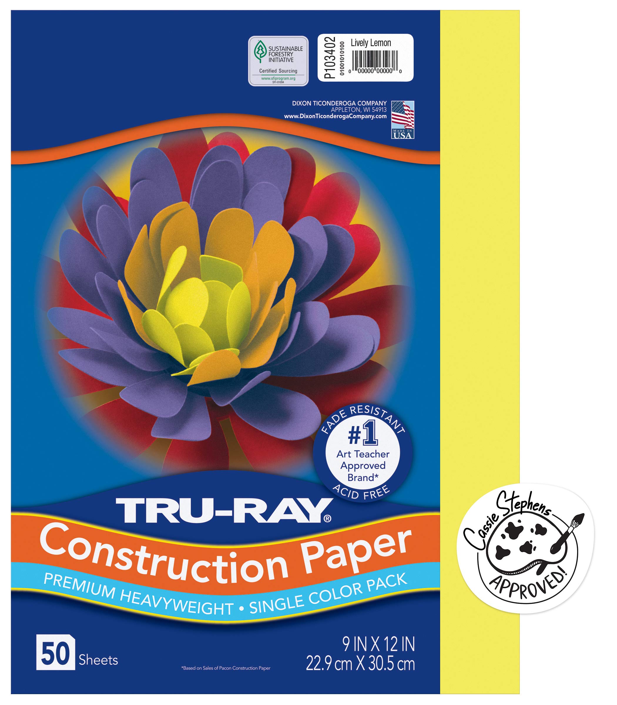 Pacon PAC103402 Tru-Ray Construction Paper, 9" x 12", Lively Lemon, 50 Sheets