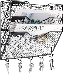 PAG Wall File Holder Hanging Mail Organizer Metal Chicken Wire Wall Mount Magazine Rack with 5 Hooks, 3-Tier, Black