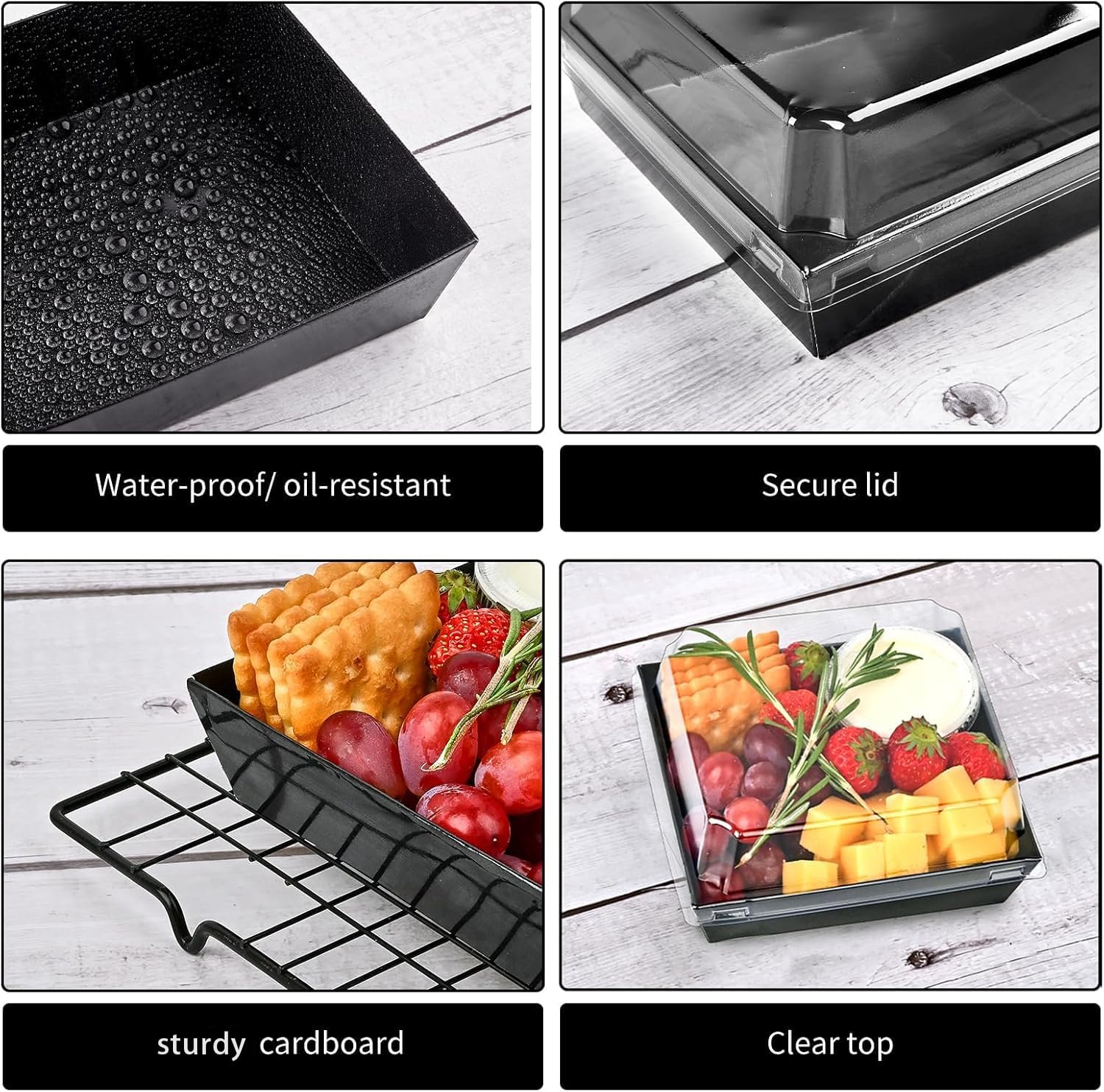 Ocmoiy Charcuterie-Boxen mit transparenten Deckeln, quadratisch, 12,7 cm, quadratisch, schwarz, Keksboxen, kleine Leckerli-Boxen für Kuchenscheiben, Gebäck, Sandwich, Dessert To Go, 100 Stück