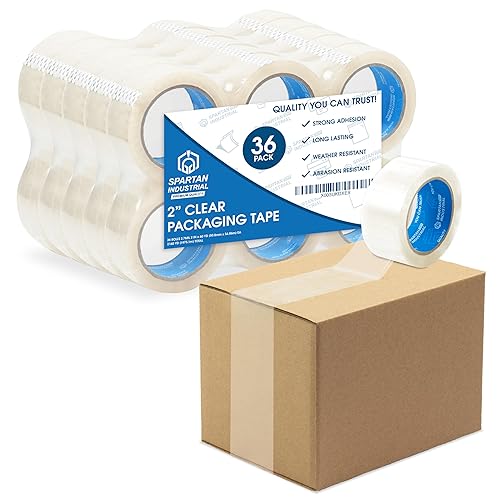 SPARTAN INDUSTRIAL - Rollos de cinta de envío transparente de 2" x 60 yardas - 36 rollos de cinta de caja resistente para mudanza, embalaje, envío,