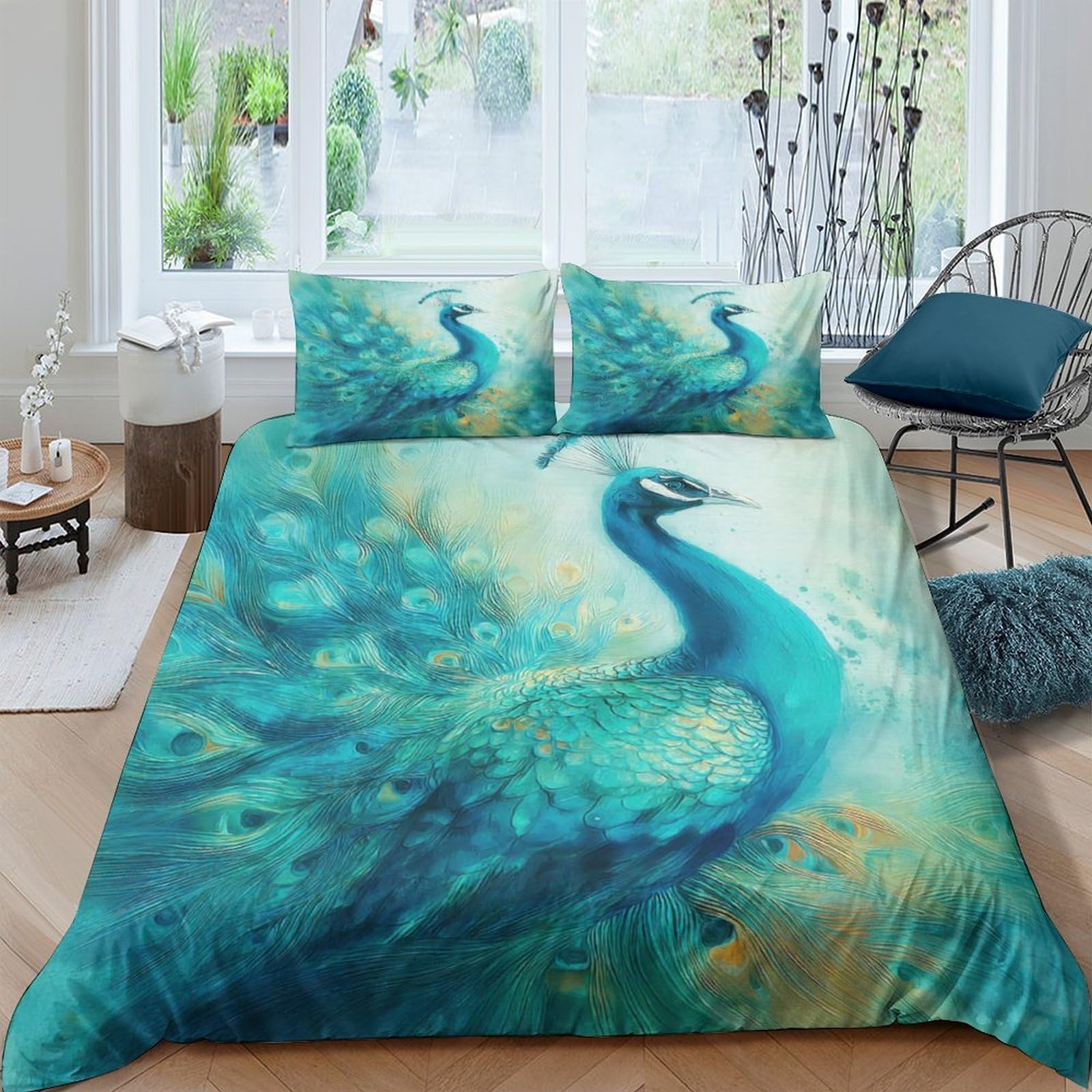 Ctjqhvkz Style-1 3D Printed Peacock Feather Fitted Sheet Microfiber Soft Blue Green Mattress Cover For Bedroom Guest Room Decor Single（135X200cm）