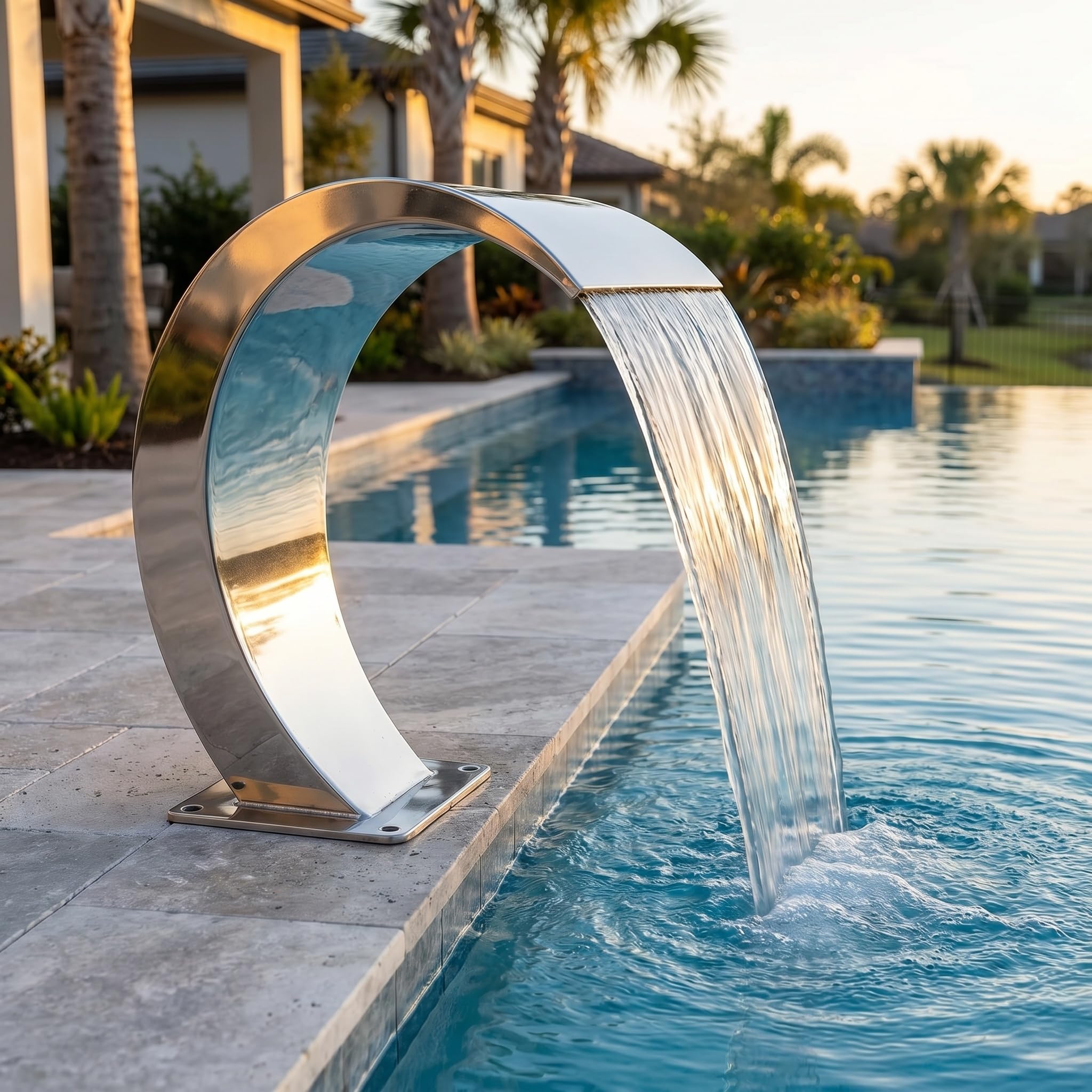 Fontaine Cascade élégante en Acier Inoxydable pour piscines et Jardins, Design en Arc incurvé créant Une Ambiance apaisante, Construction métallique Durable rehaussant la décoration de Votre