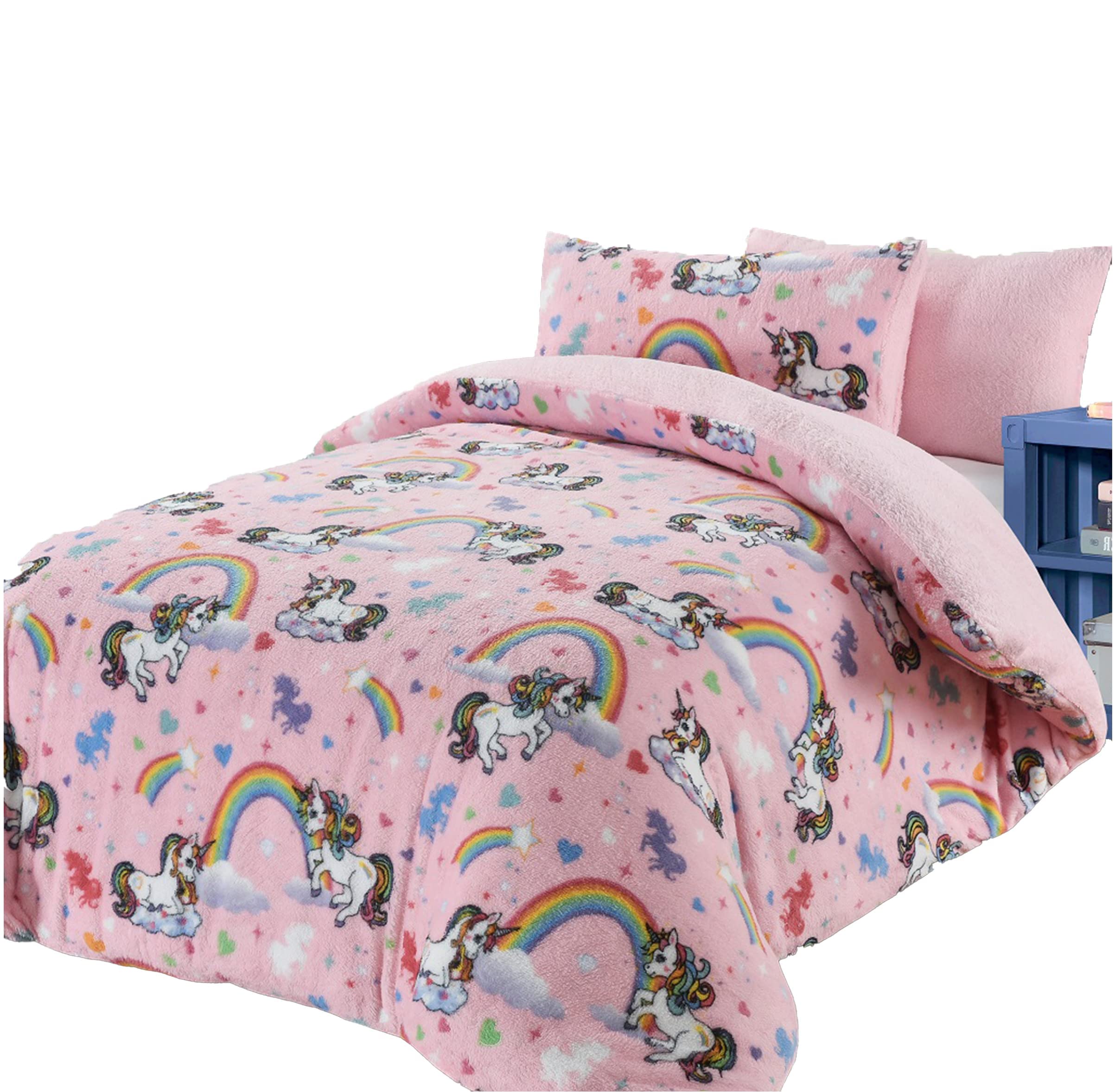 Rohi Kids Teddy Fleece Unicorn Double Duvet Cover With Pillow Covers| 1X Double Bed Duvet Cover 200 X 200Cm | 2X Pillow Cases 50 X 75Cm (Double)