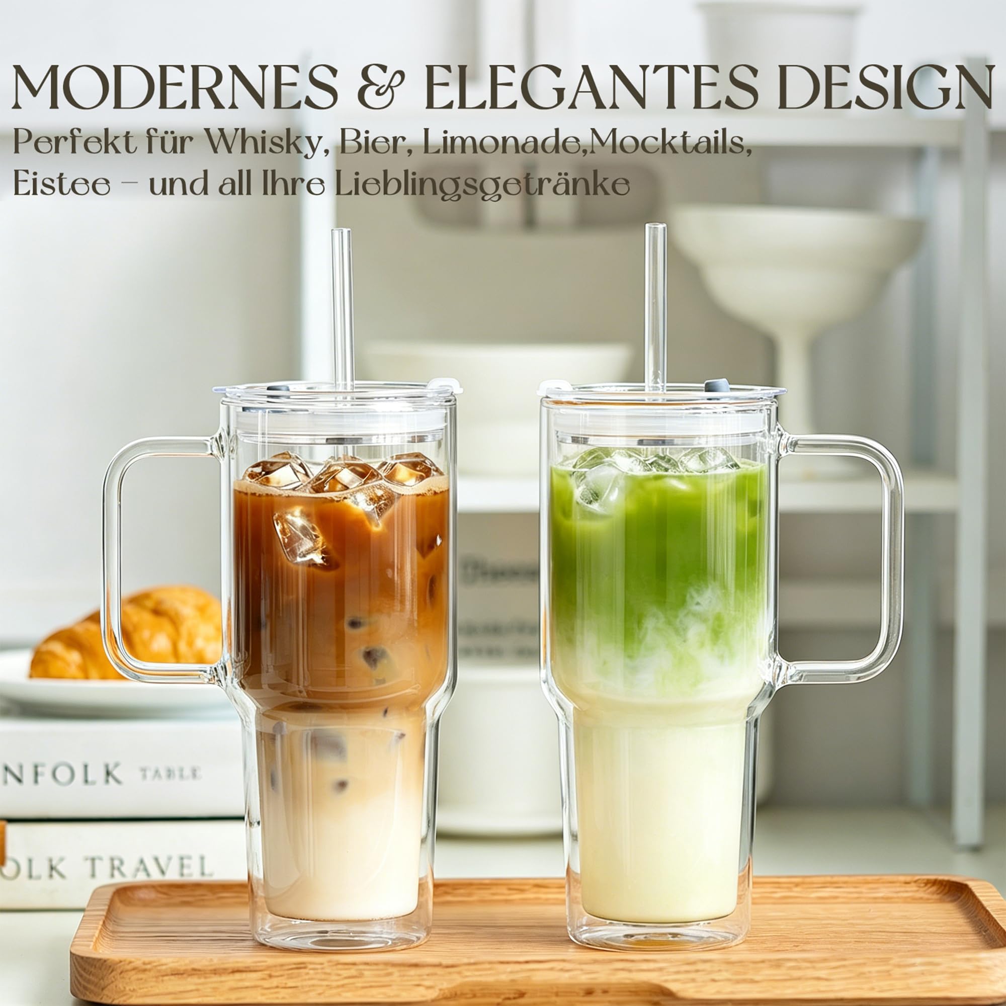 KEMORELA 2er Set Kaffeegläser mit Griff, Deckel & Glasstrohhalm, 830 ml Doppelwandige Latte Macchiato Gläser, Eiskaffee Glas, Matcha Glas, Teegläser für heiße & kalte Getränke