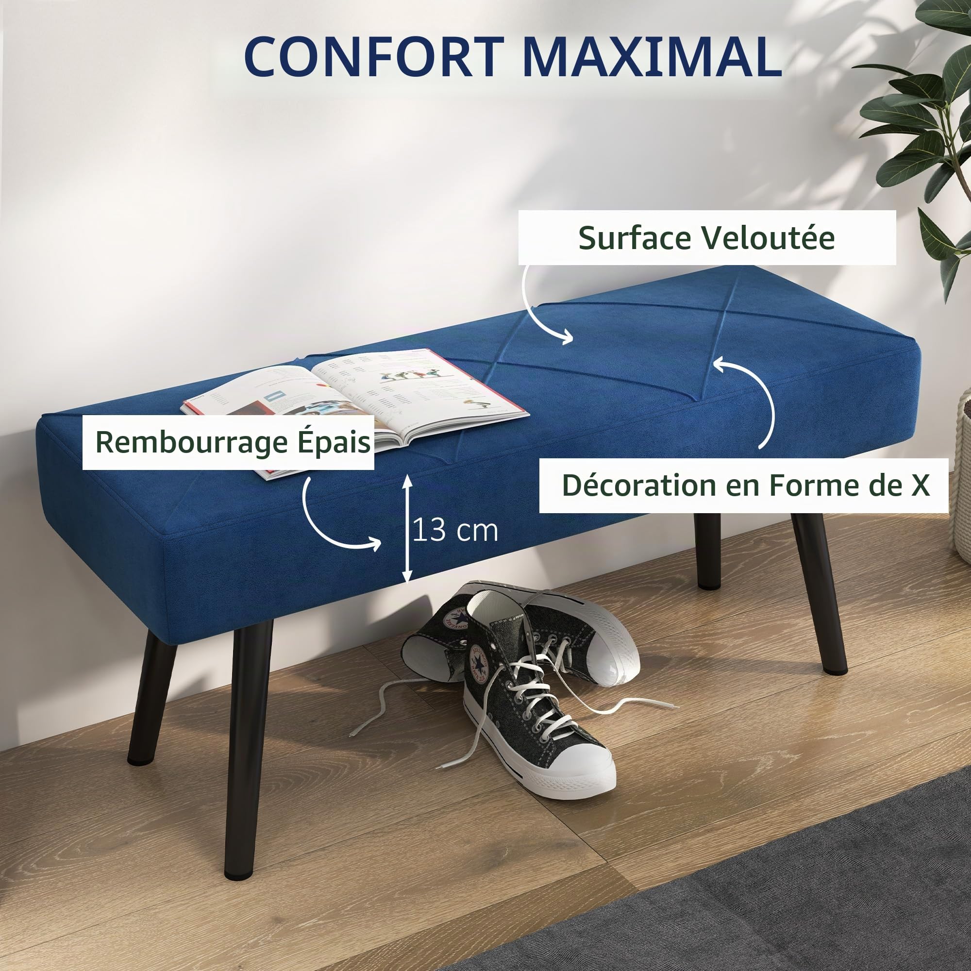 Homcom Banc Multifonctionnel pour Pied de Lit, Banc Moderne pour Chambre avec Siège Rembourré et Pieds en Acier, Charge Maximale de 120 kg, pour Entrée, Couloir, Salon, 100 x 36 x 45 cm, Bleu Foncé
