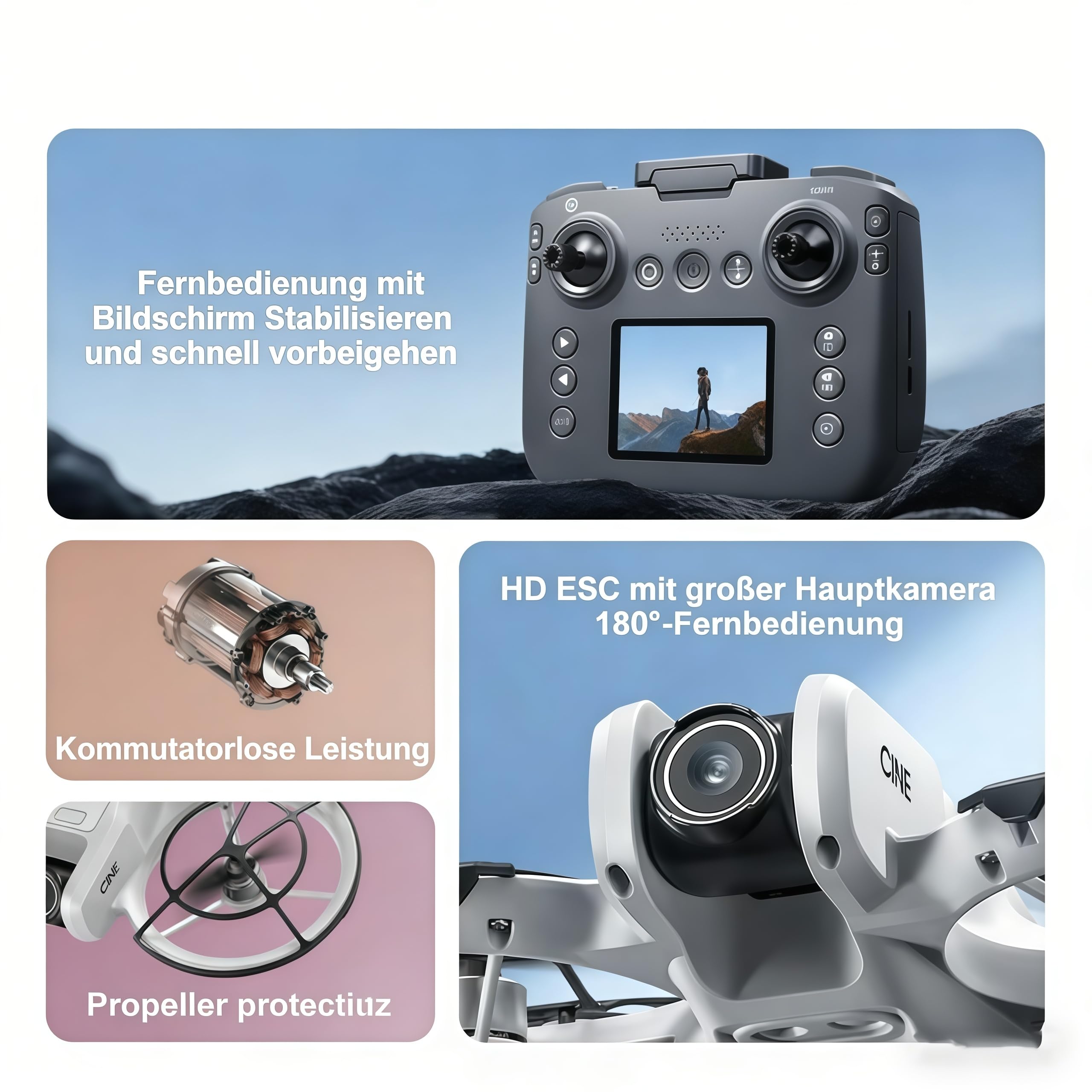 RC Drohne mit Dual Kamera, Propellerschutz für mehr Sicherheit, LED Beleuchtung – Bürstenloser Motor, Höhenhold, One-Key Start/Landung, Headless Mode, 3D-Flips, 3 Speed Modi, 2 Akkus – für Einsteiger