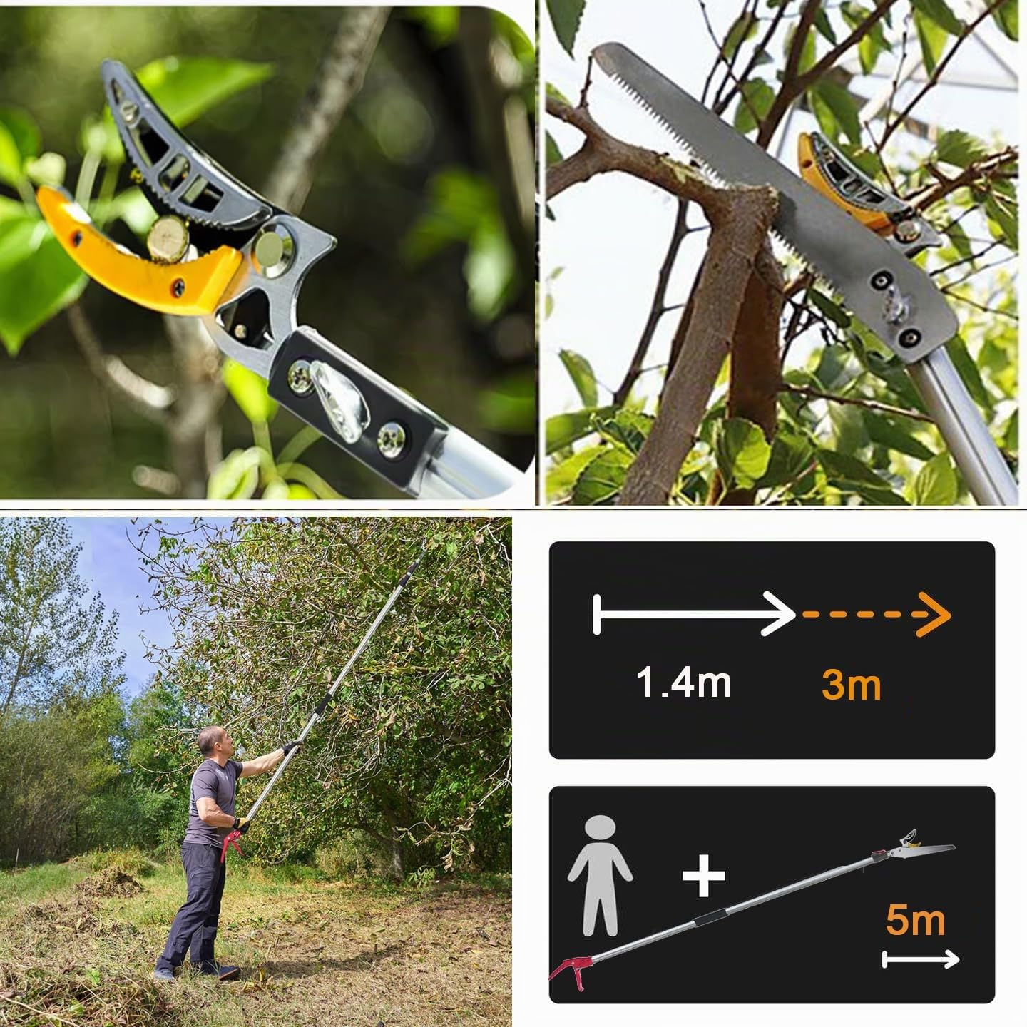 Manejo con una sola mano + sierra de podar (– 3,40 m) – Tijeras telescópicas para podar árboles arbustos frutas cortasetos telescópicos – Cortasetos de ahorro de mano – Herramienta manual de corte de