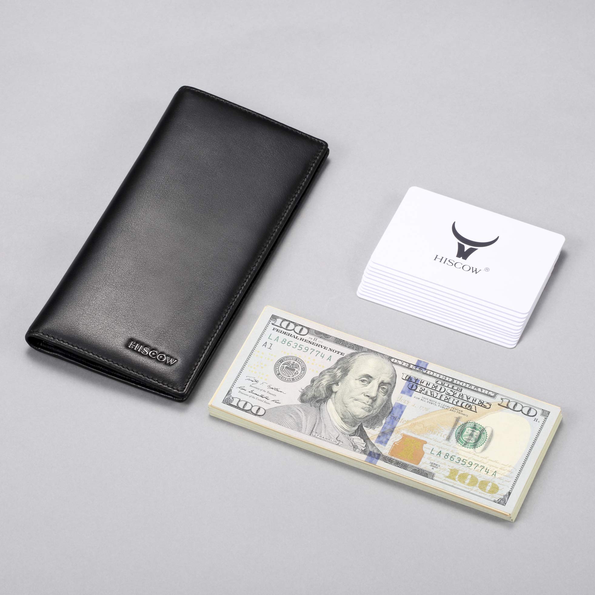 HISCOW Portafoglio lungo in pelle sottile per uomo e donna, pelle di vitello italiana, tasca sul petto per libretto degli assegni, carte di credito, Nero, L, Portafoglio bifold