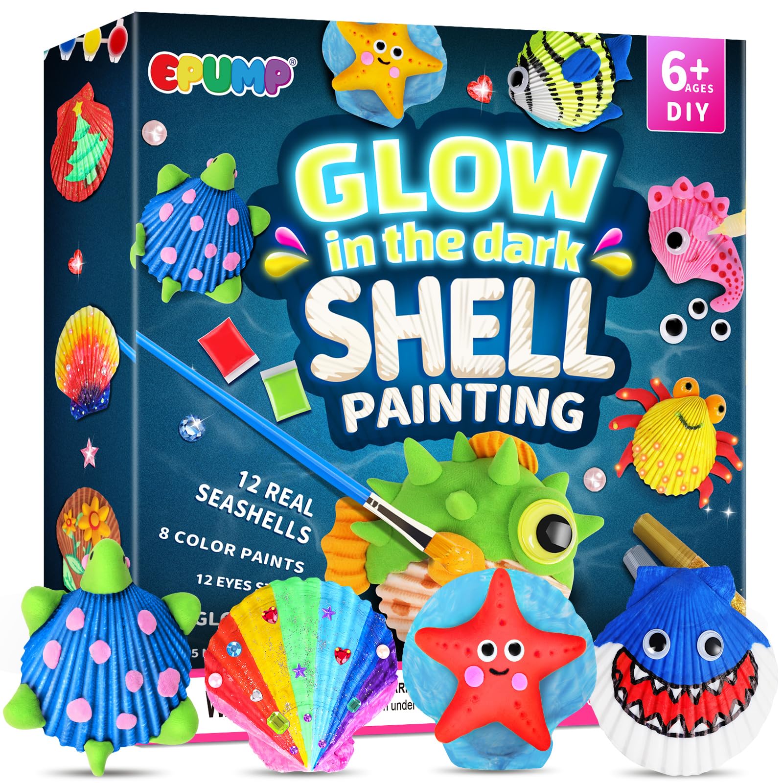 EPUMP 12Pcs Shell Painting Kit for Kids - Glow in The Dark Arts and Crafts Supplies Kits for Girls Boys - Kids Activities Creative Art Set Birthday Gifts DIY Paint Toys for Age 6 7 8 9 10 11 Years Old