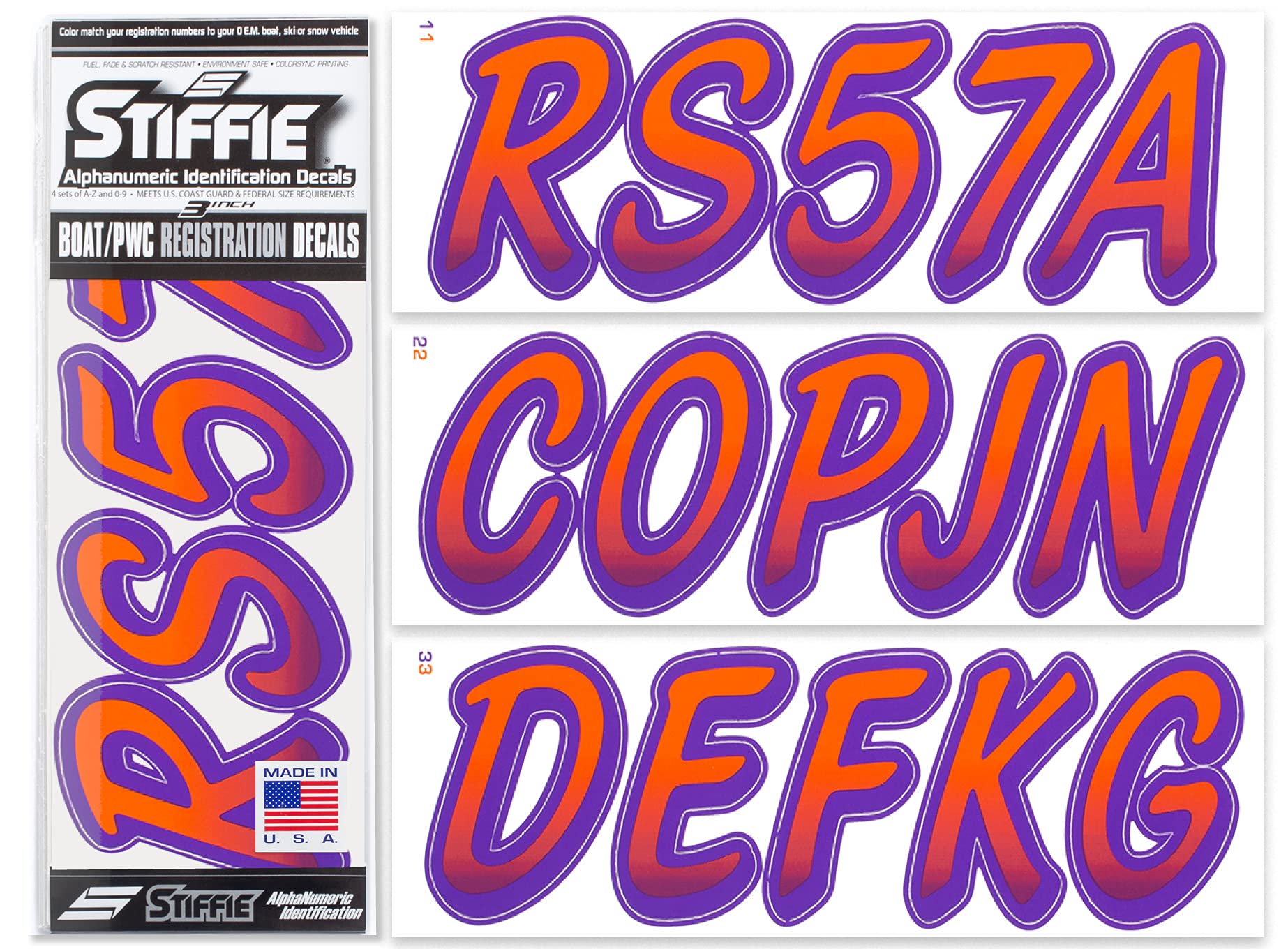 STIFFIE Whipline Orange/Purple 3" Boat &amp; PWC Registration Decals • Numbers Letters Stickers