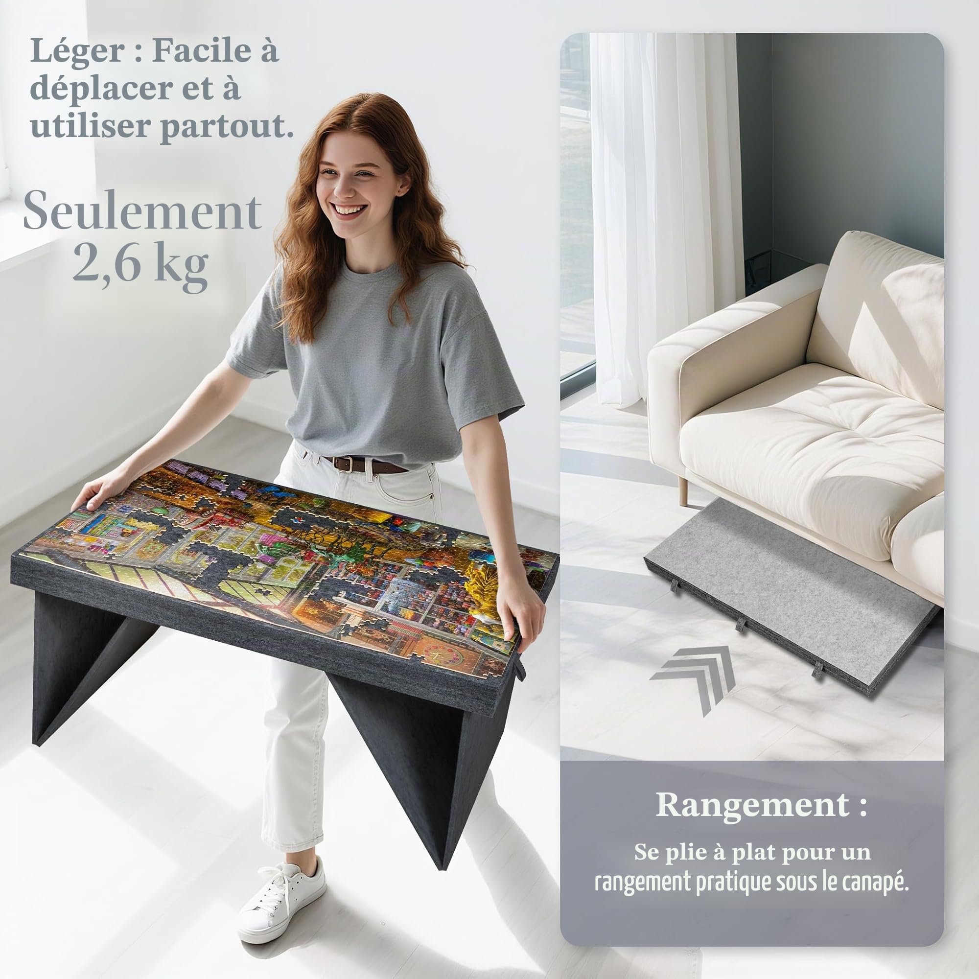 Planche à puzzle de 1000 pièces avec 5 tiroirs colorés et couvercle, table de puzzle avec pieds pliables pour adultes, légère et portable, pour puzzles de 1000 pièces, gris