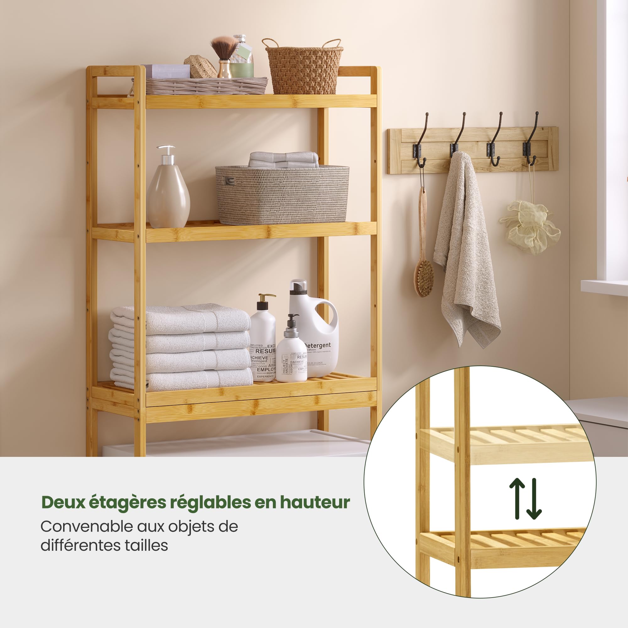 EUGAD Étagère Salle de Bain en Bambou à 3 Niveaux, Meuble au-Dessus Machine à Laver, pour Salle de Bain, Buanderie, 63,5x26x163 cm, en Couleur de Bambou Naturel