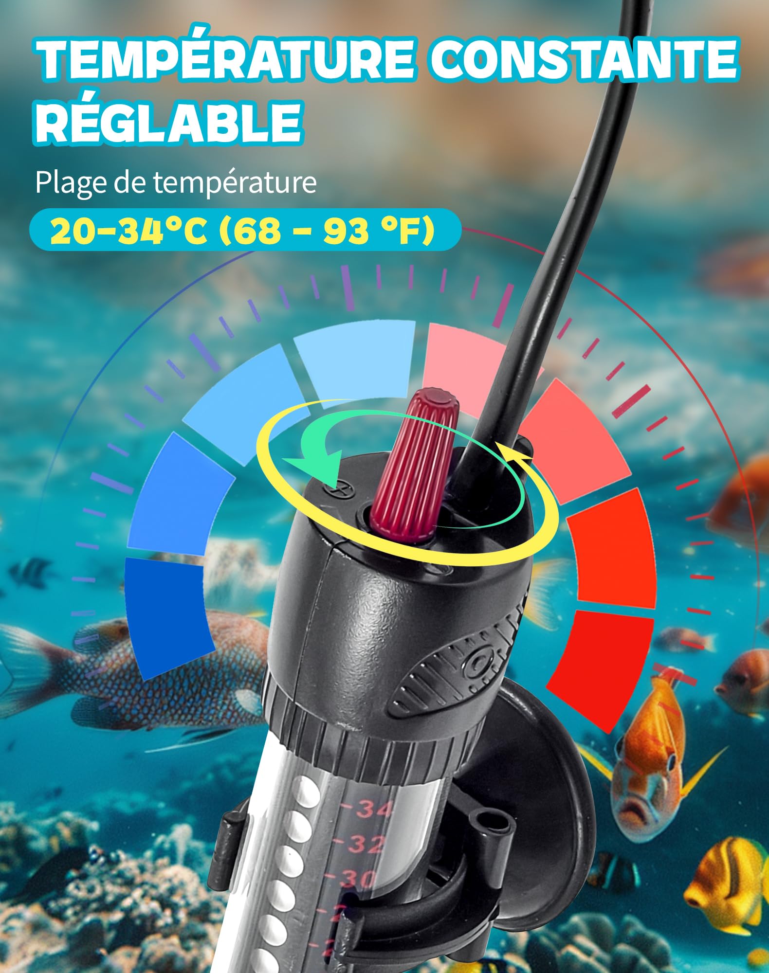 Chauffage Aquarium 25W pour 10L 20L 30L Chauffage pour Aquarium avec réglage 20–34°C