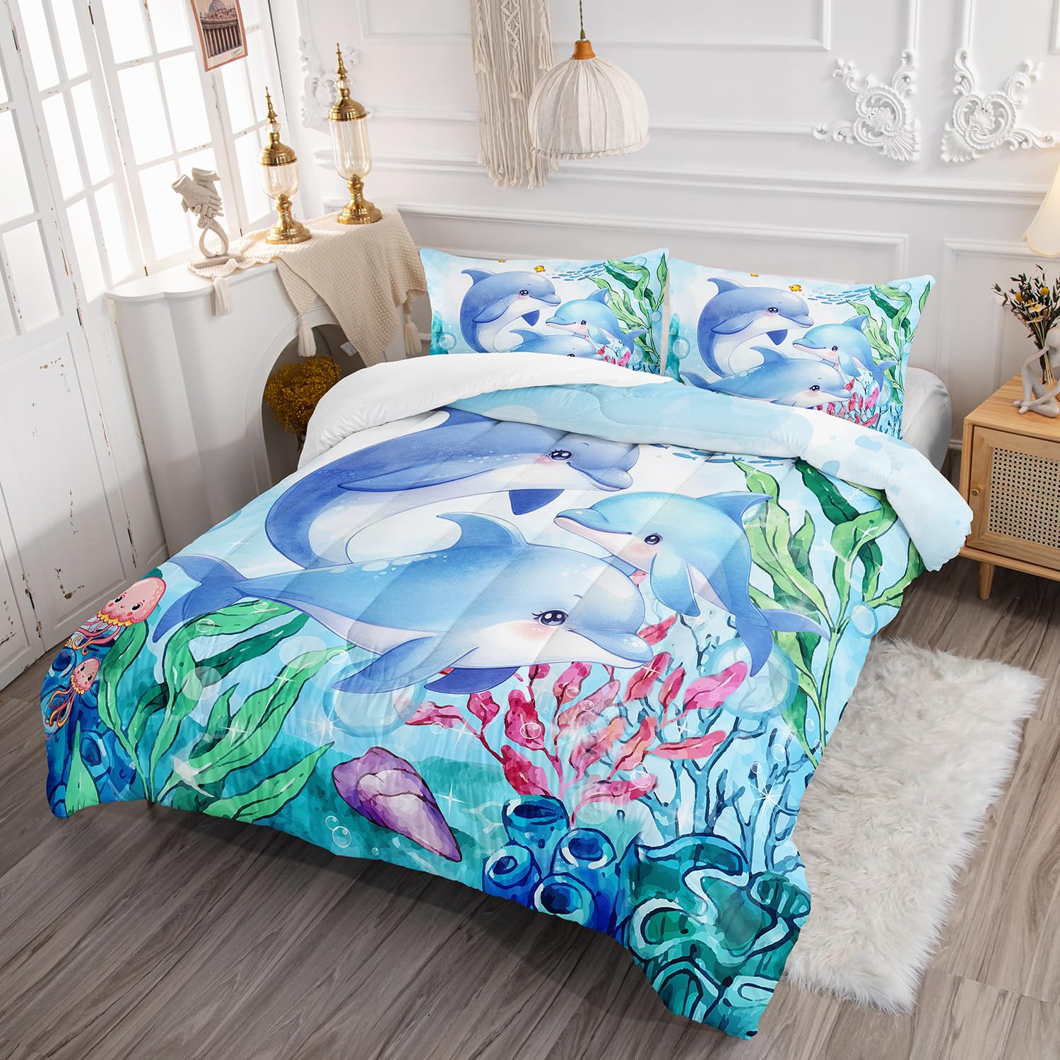 XYNHML Dolphins Animal Aqua Blue Green Sea Comforter 3pcs Full Kids Coral Jellyfish Comforter Set for Boys Girls Ocean Waves Bedding Fish Quilt Bed Set with 1 Comforter and 2 Pillowcases