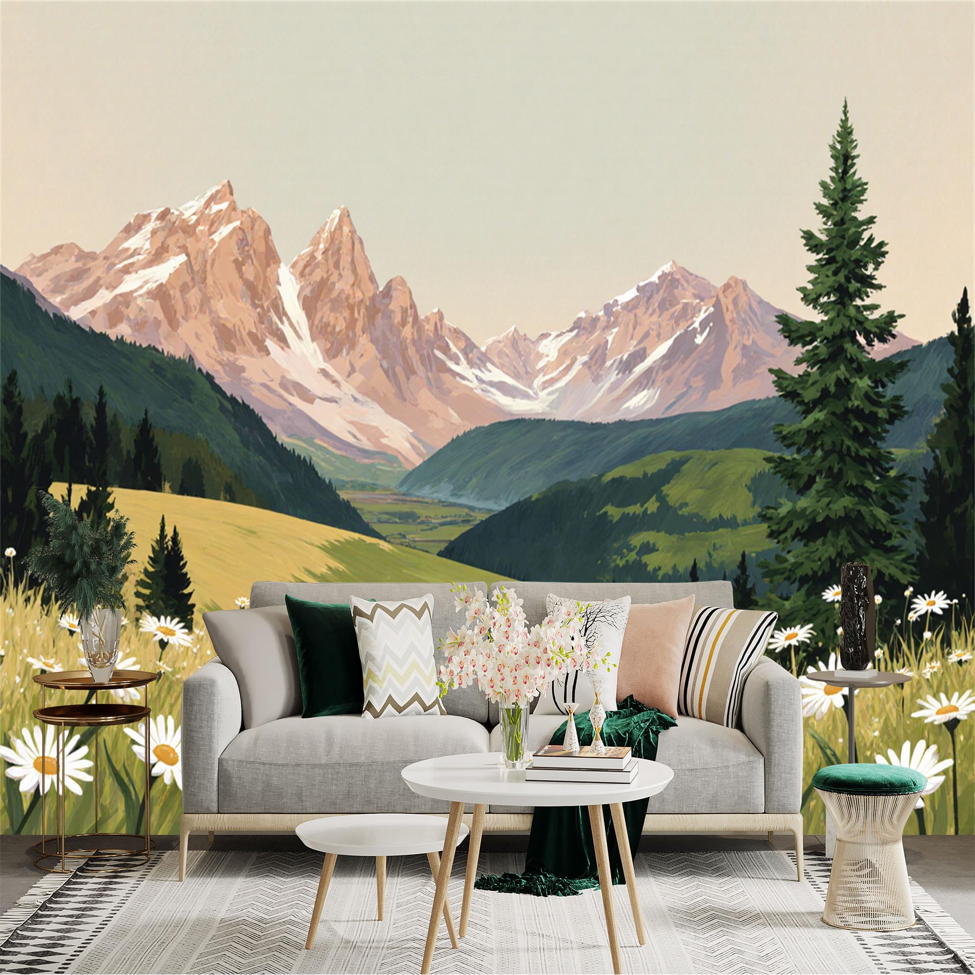 Custom Size Wall Sticker Mural， Alpine Meadow with Wildflowers， Snow Capped Mountain Peaks， Evergreen Pine Trees， Serene Valley Landscape， for wall Decoration， peelandstick wall Decals.
