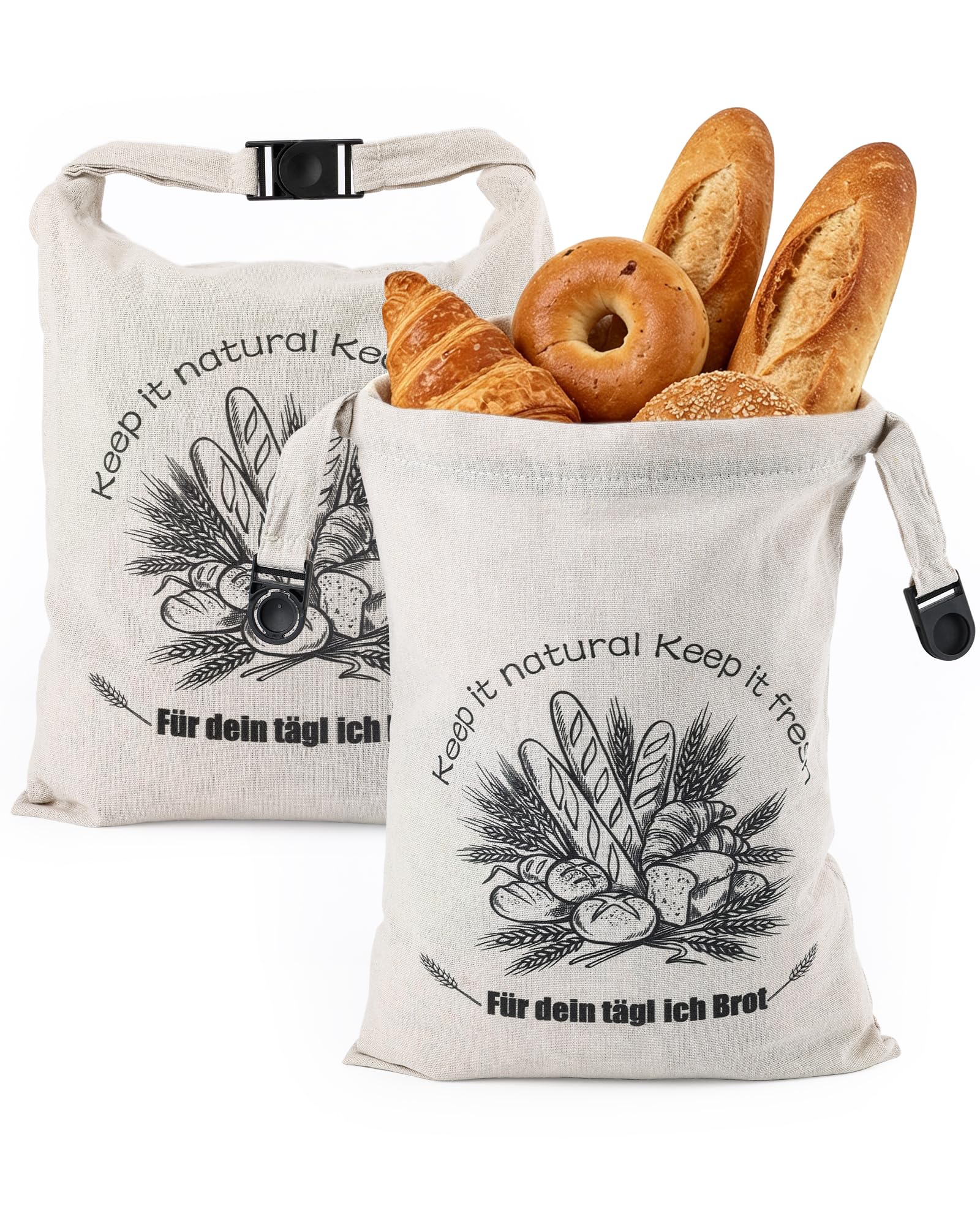 Huglux 2 Pack Linen Bread Bags, 40x30cm Reusable Bread Storage Bags