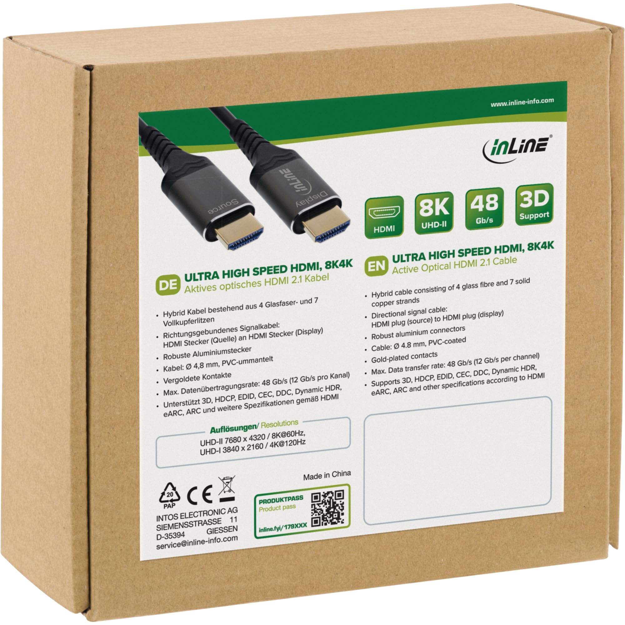 InLine Cavo HDMI AOC Ultra High Speed HDMI 2.1 in fibra ottica per 8K 60Hz 4K 240Hz, connettore in alluminio, ARC eARC HDR, placcato oro, 40 m, 17940X