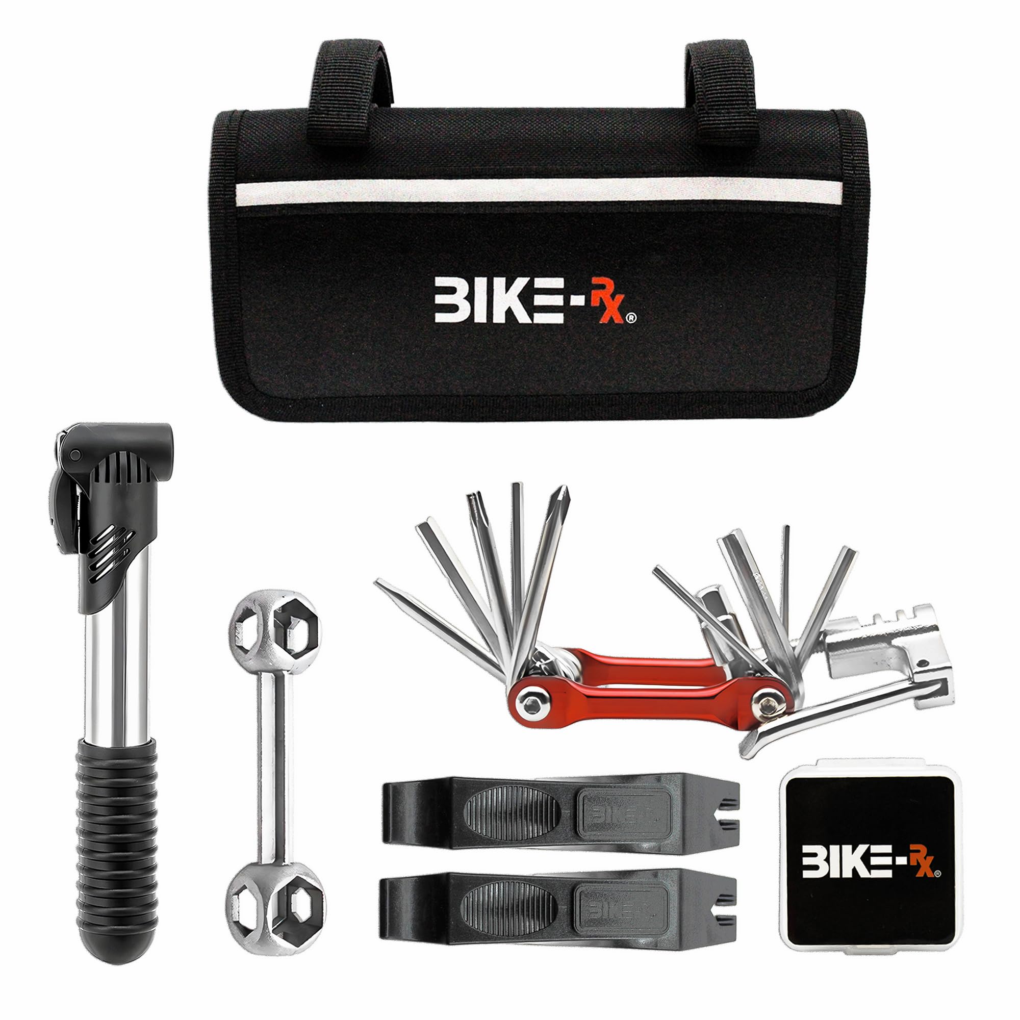 Bike Rx Bike Repair Kit Tool Bag – 16-in-1 Multitool, 120PSI Mini Pump, Tire Levers, Patches, Easy Bike Maintenance Kit for BMX, Road, Mountain, & E-Bikes, Portable Tool Kit for Emergencies & Repairs