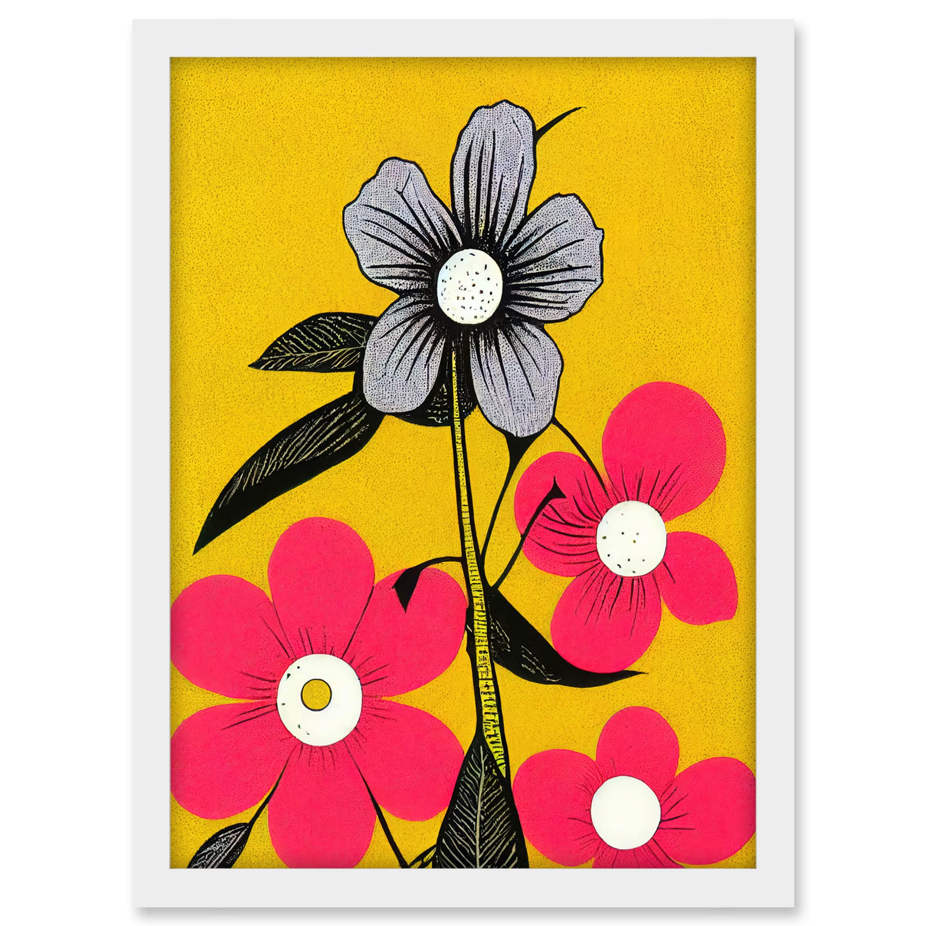 Wee Blue Coo Bold Flowers Linocut Pink and Mustard Yellow Print Artwork Framed A3 Wall Art Print
