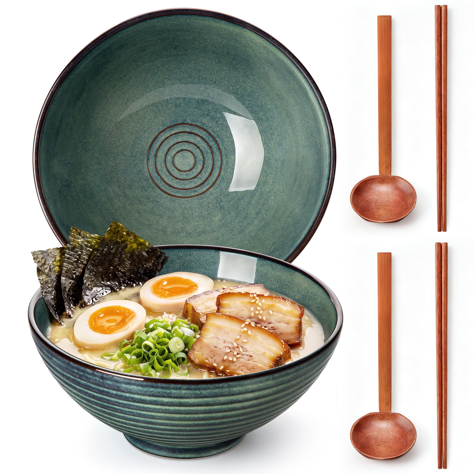 vancasso 45 oz Large Ramen Bowls Set of 2, Japanese Ceramic Noodle Bowls with Chopsticks &amp; Spoons, Soup Bowls for Ramen, Pho, Udon, Pasta, Salad, Microwave &amp; Dishwasher Safe, Green